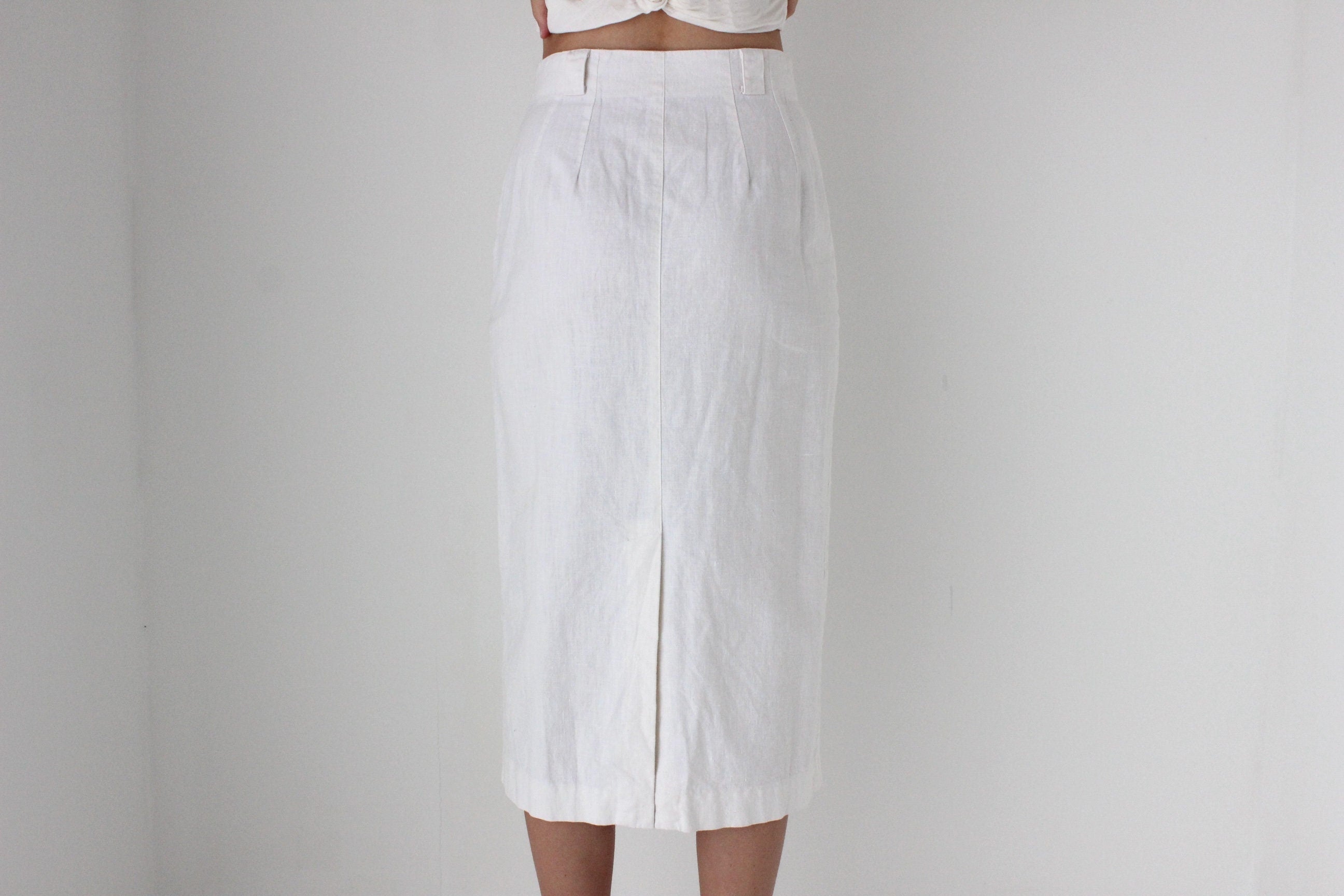 80s White Cotton Linen Button Front Skirt