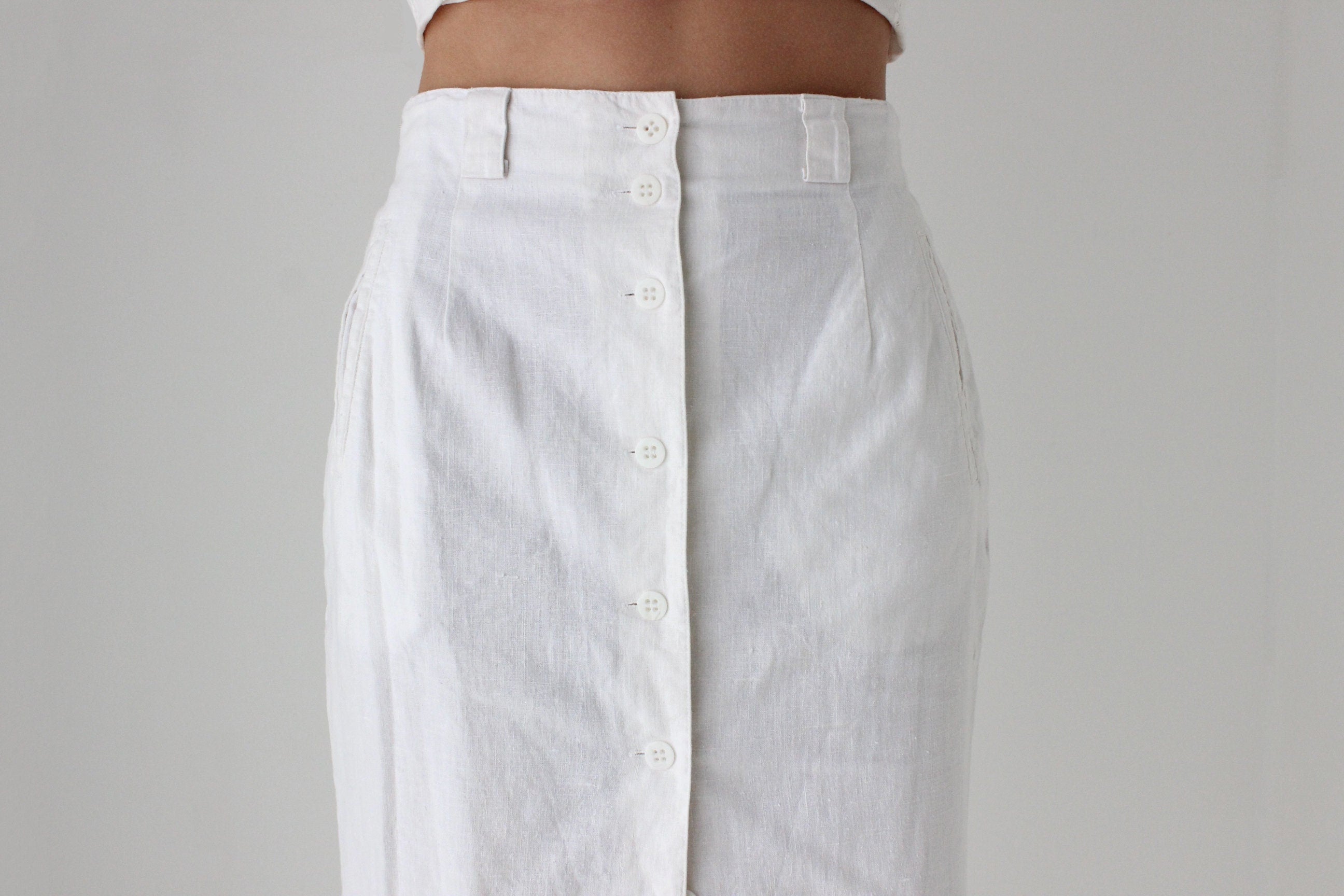 80s White Cotton Linen Button Front Skirt