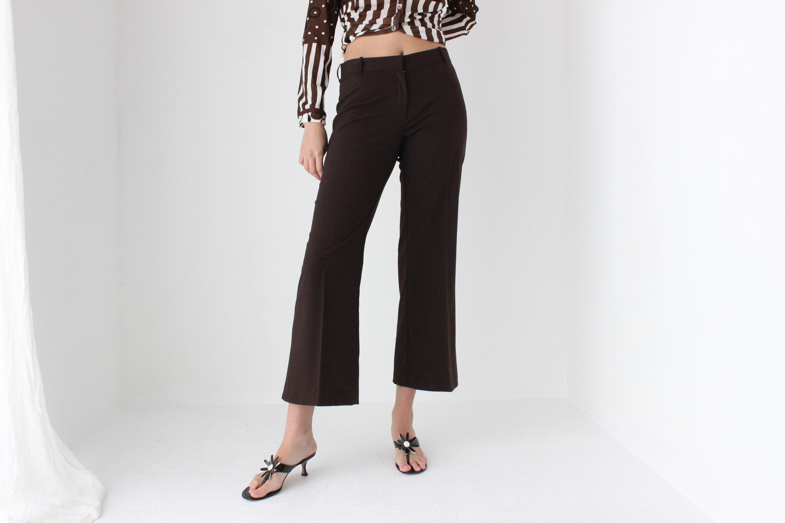 90s Minimal Chocolate Flared, Cropped Trousers