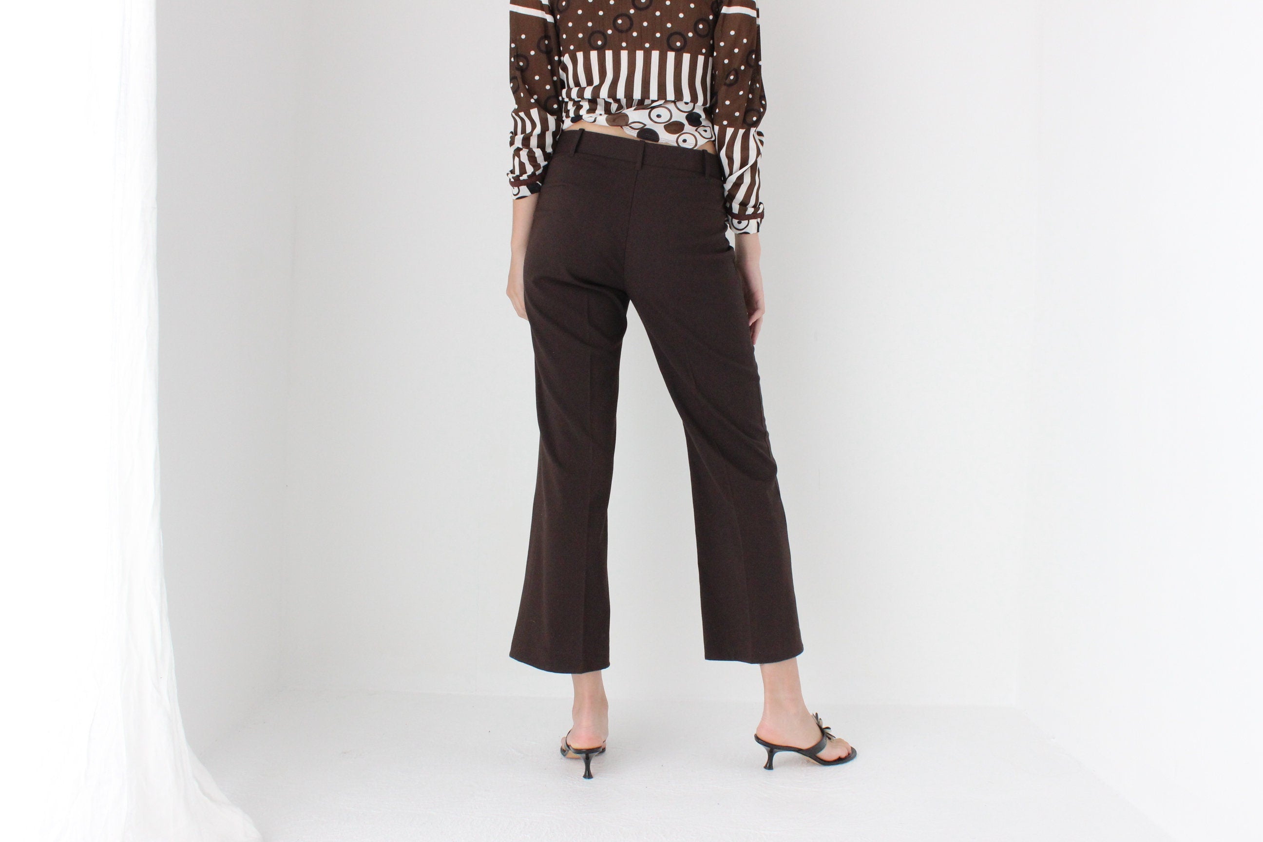 90s Minimal Chocolate Flared, Cropped Trousers