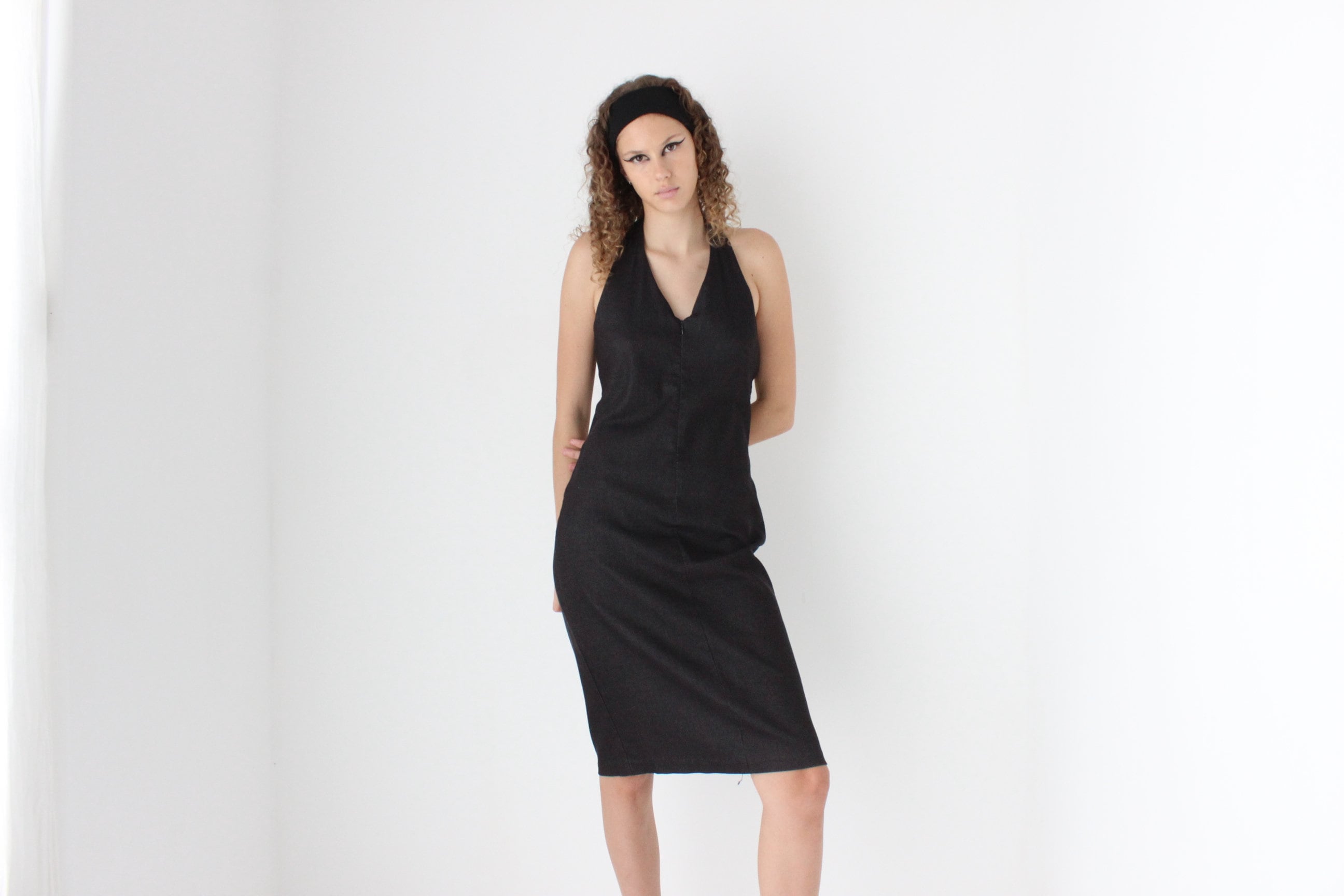 Y2K Charcoal Denim Zip Front Halter Dress