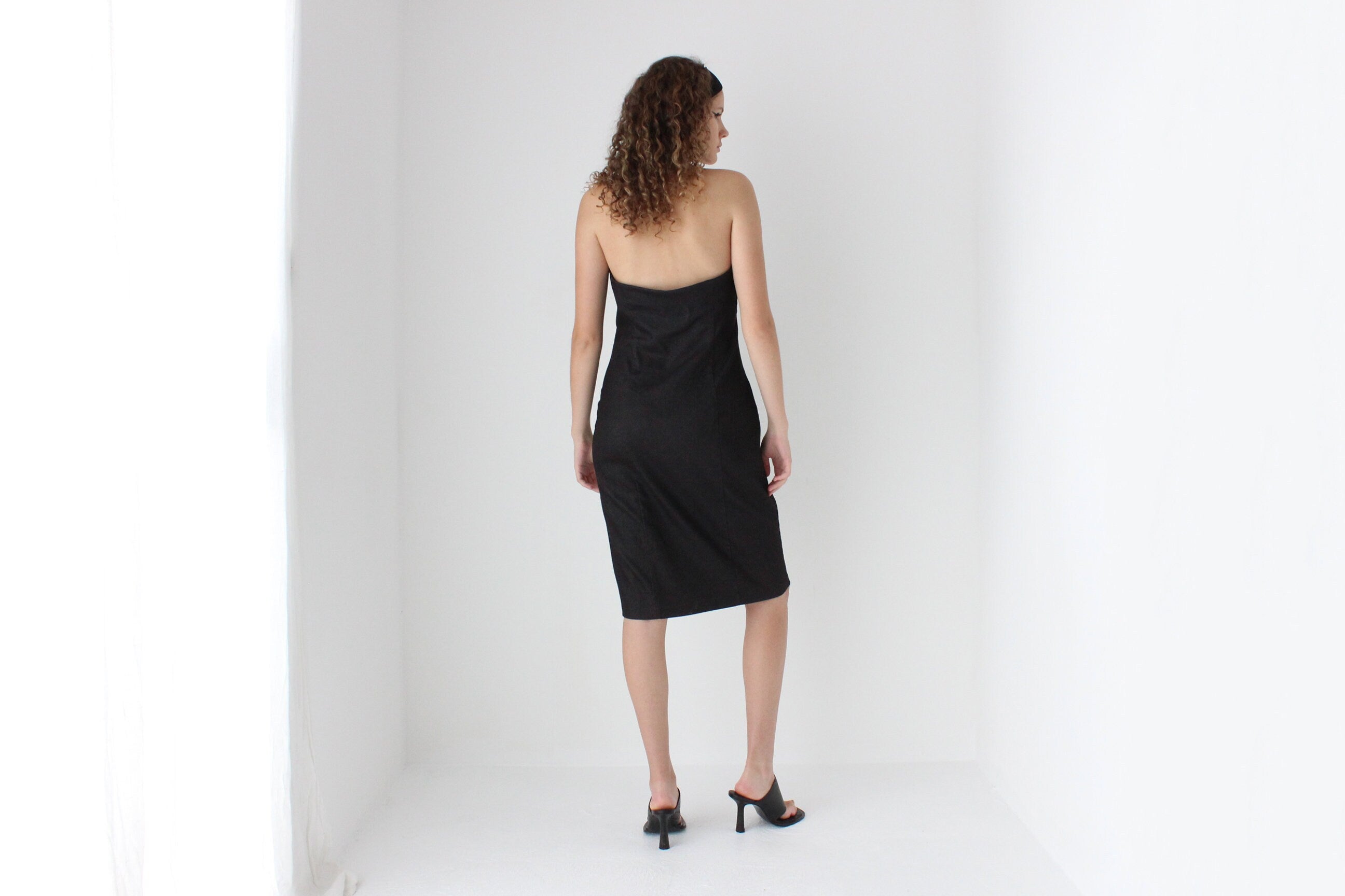 Y2K Charcoal Denim Zip Front Halter Dress