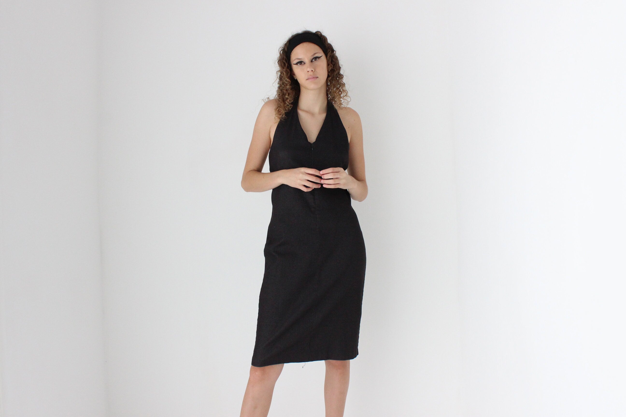 Y2K Charcoal Denim Zip Front Halter Dress