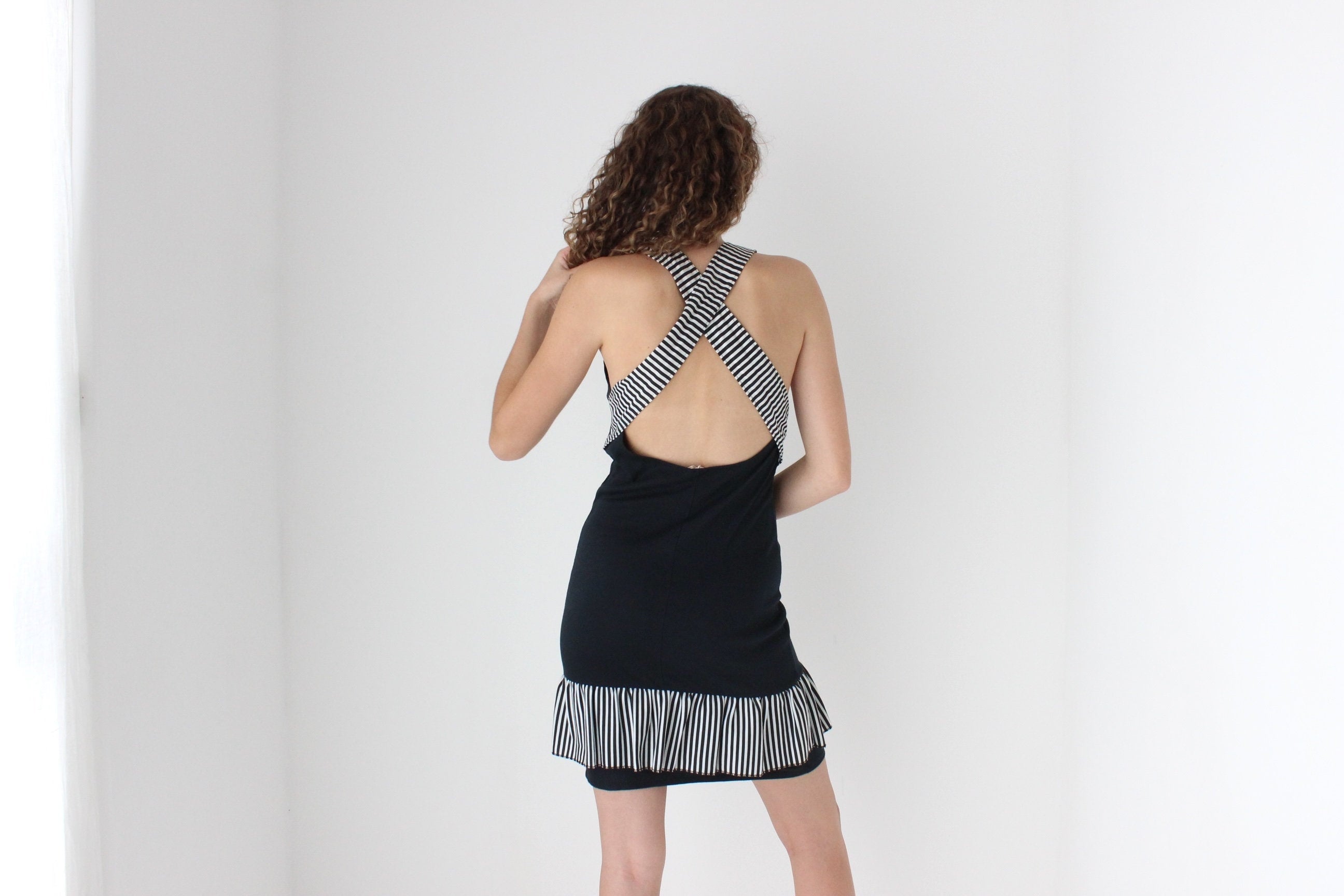 Fun 80s Striped Criss-Cross Back Ruffle Dress