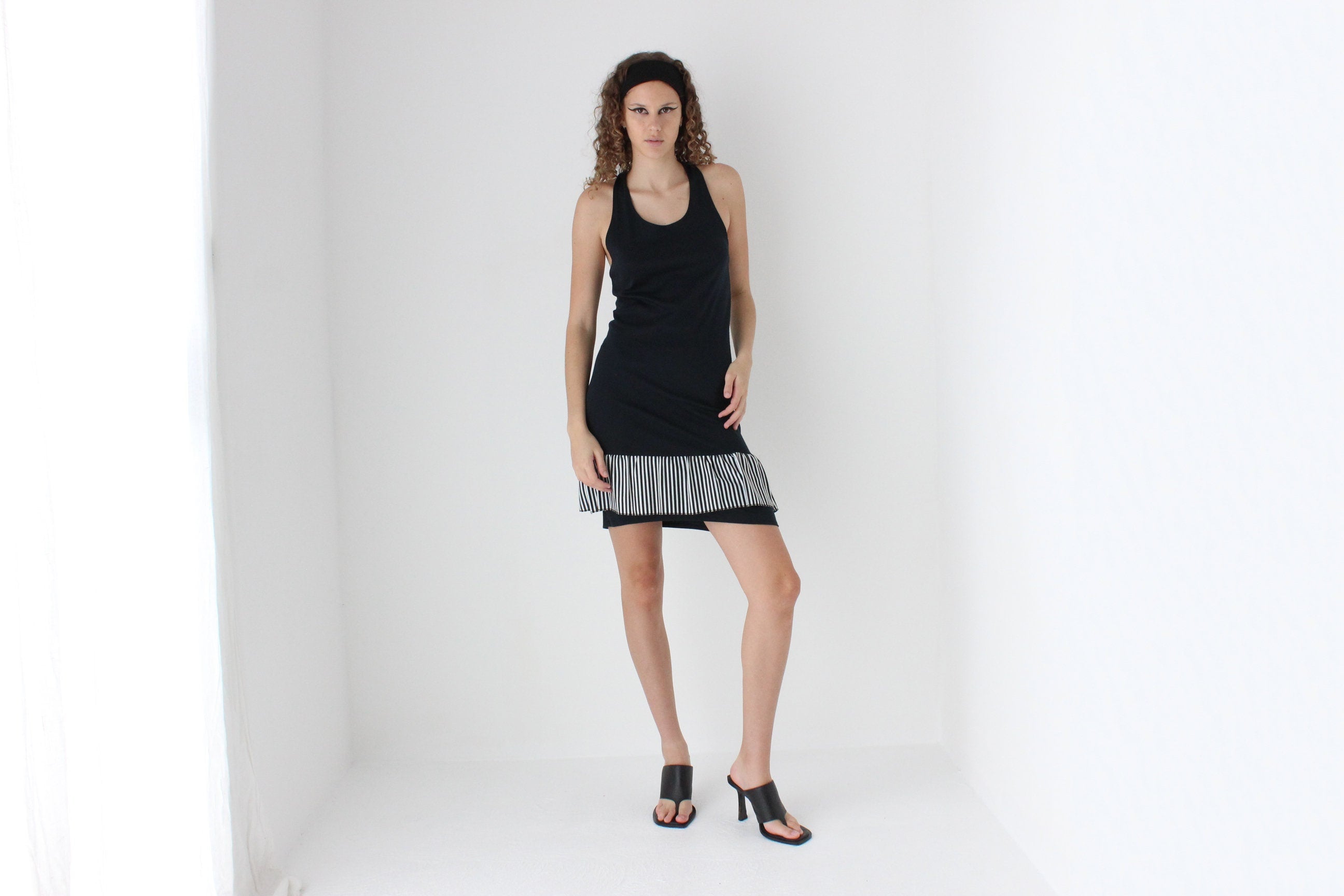 Fun 80s Striped Criss-Cross Back Ruffle Dress