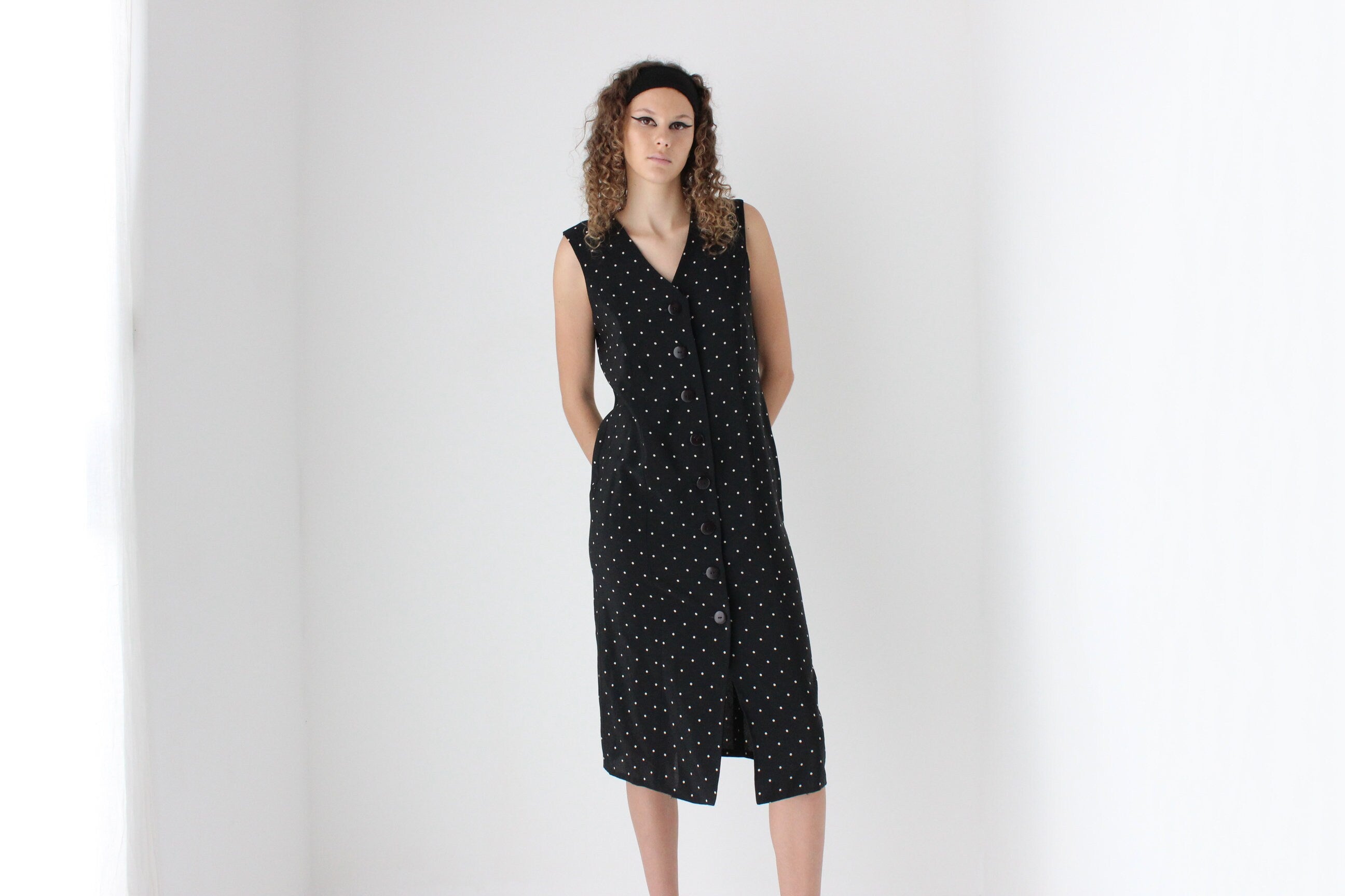 90s Polka Dot Button Front Vest Dress