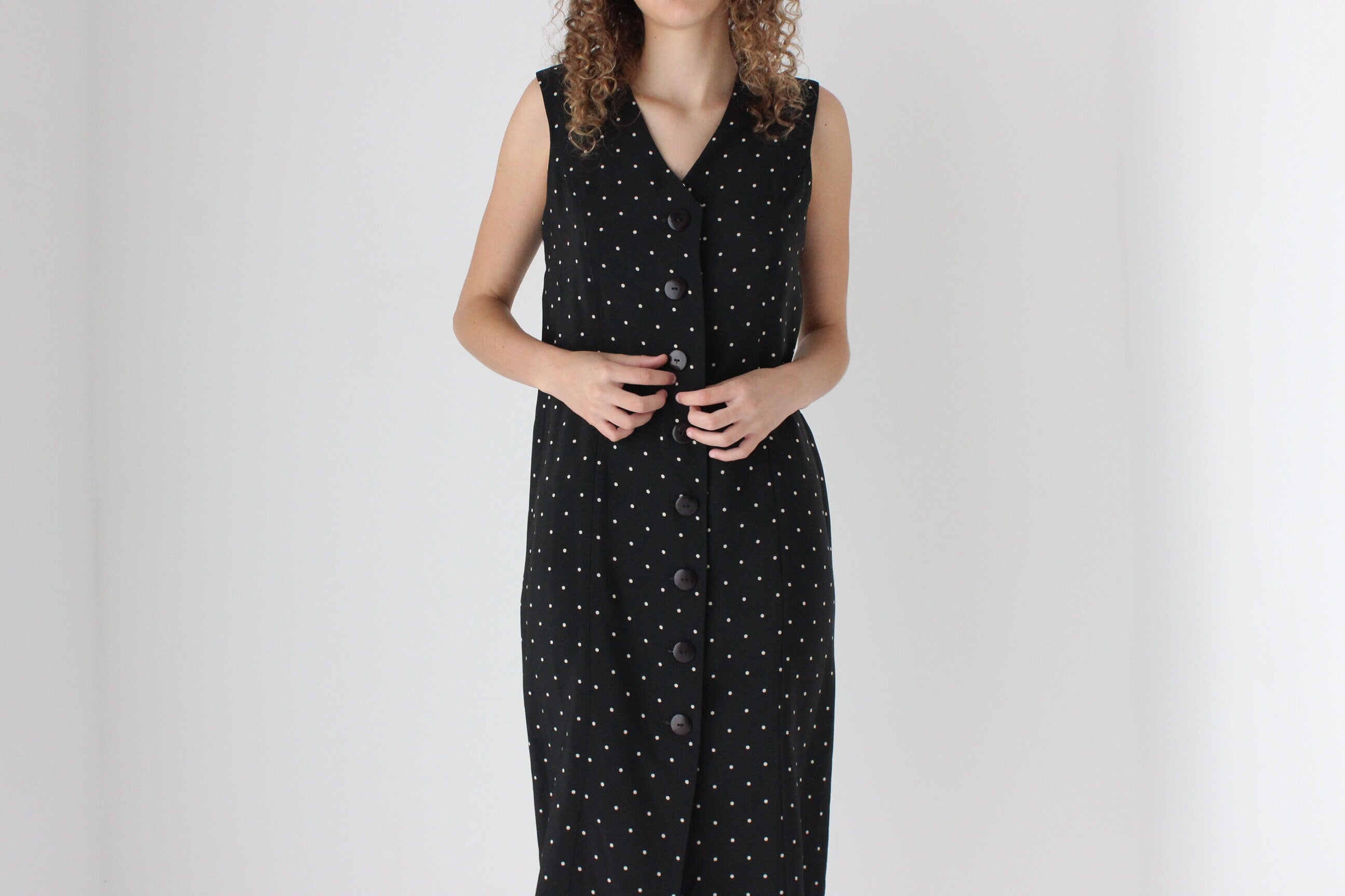 90s Polka Dot Button Front Vest Dress