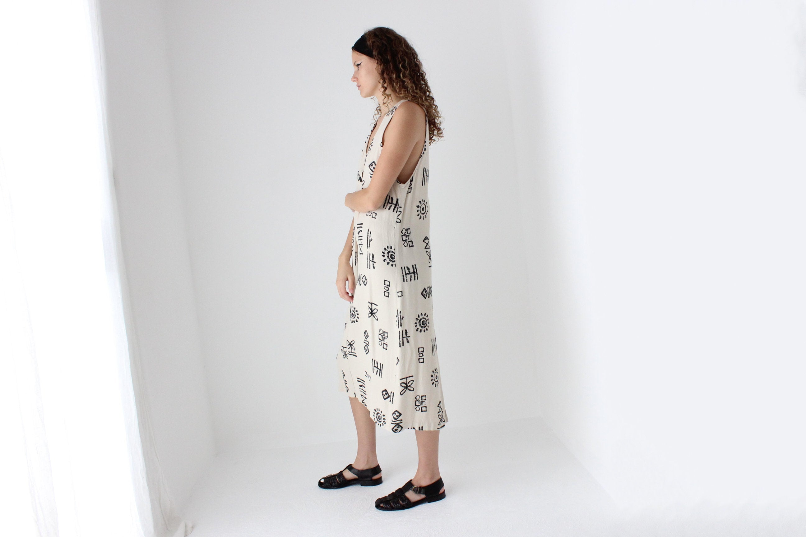 90s Abstract Print Relaxed Button Front Dress