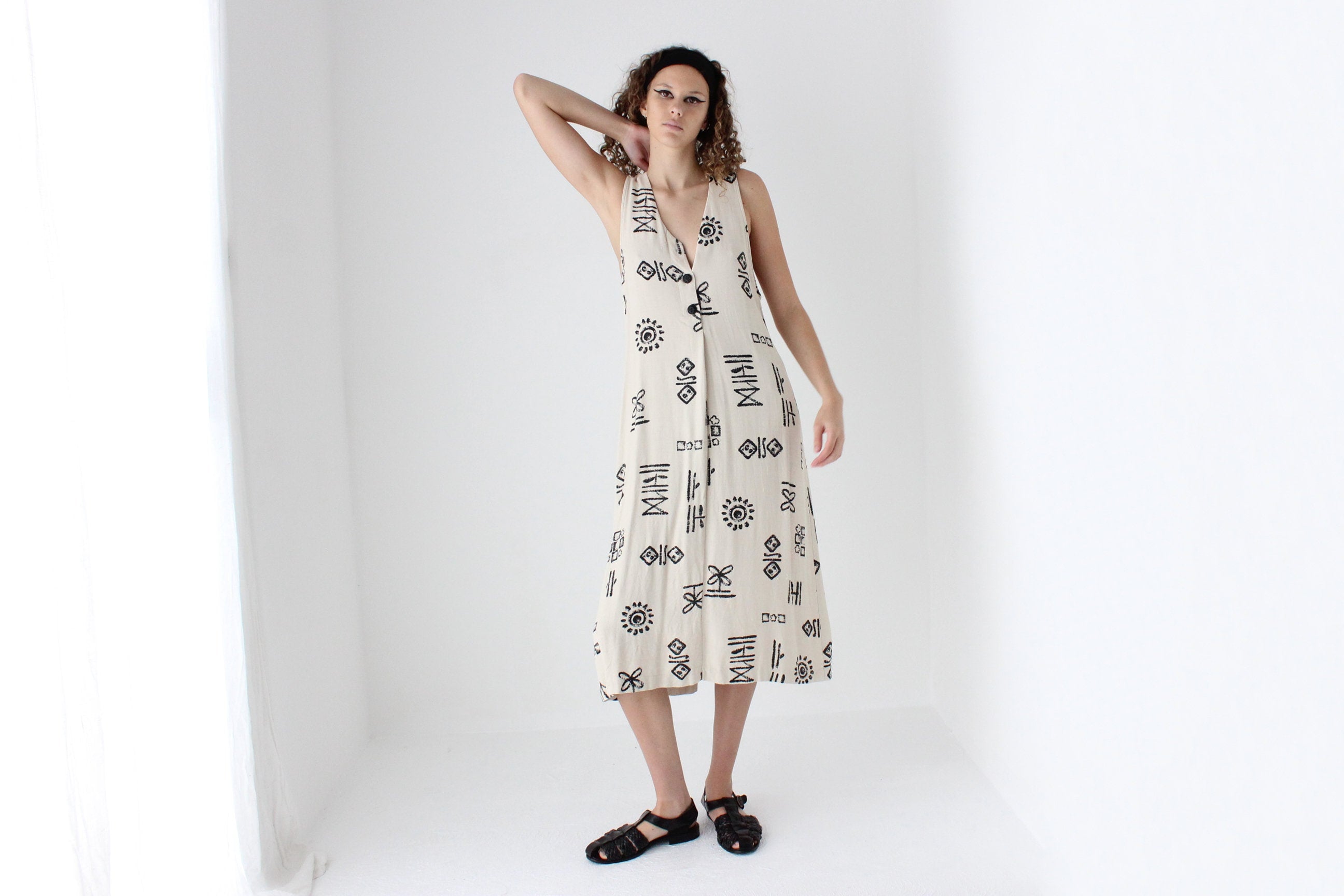 90s Abstract Print Relaxed Button Front Dress