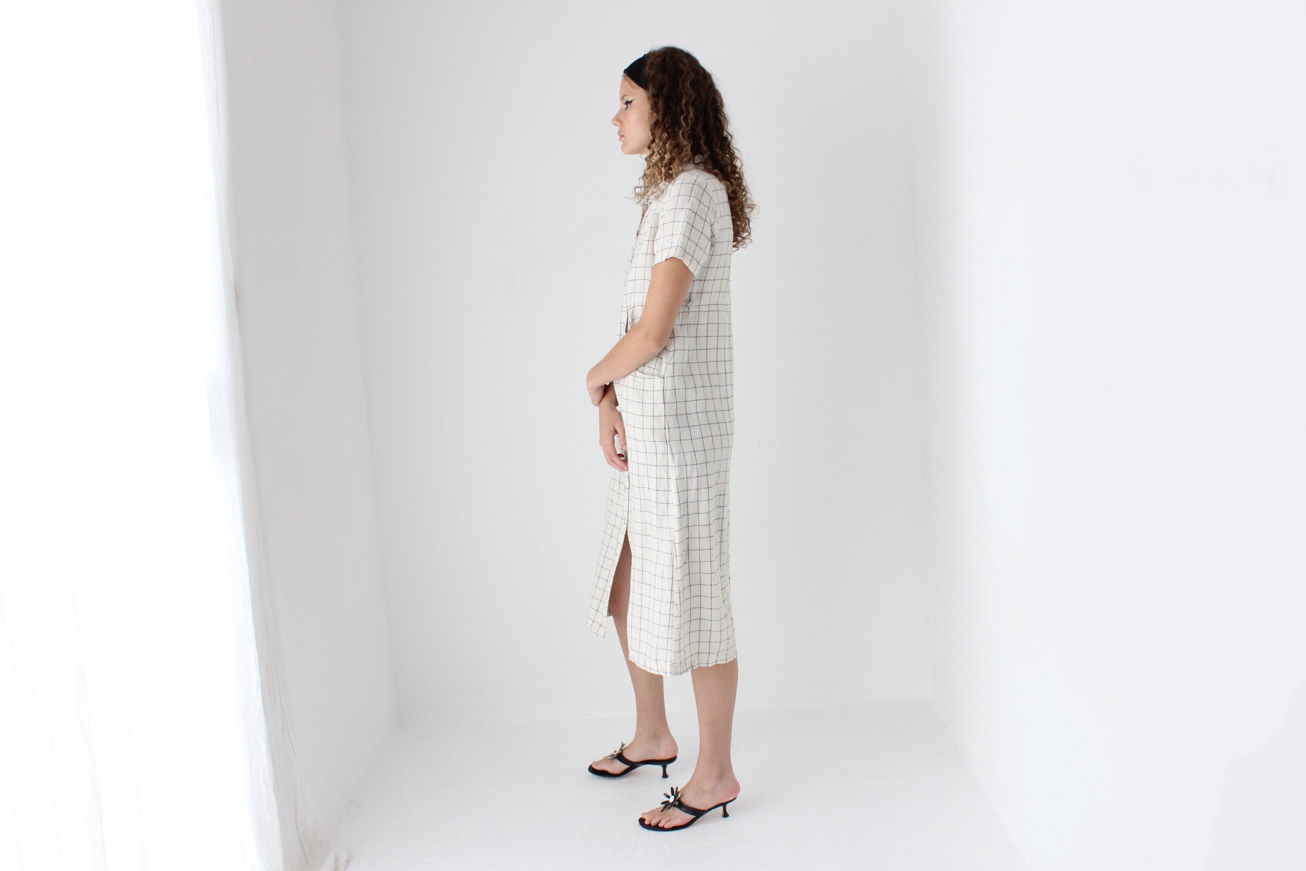 90s Pure Linen Grid Check Relaxed Button Front Dress