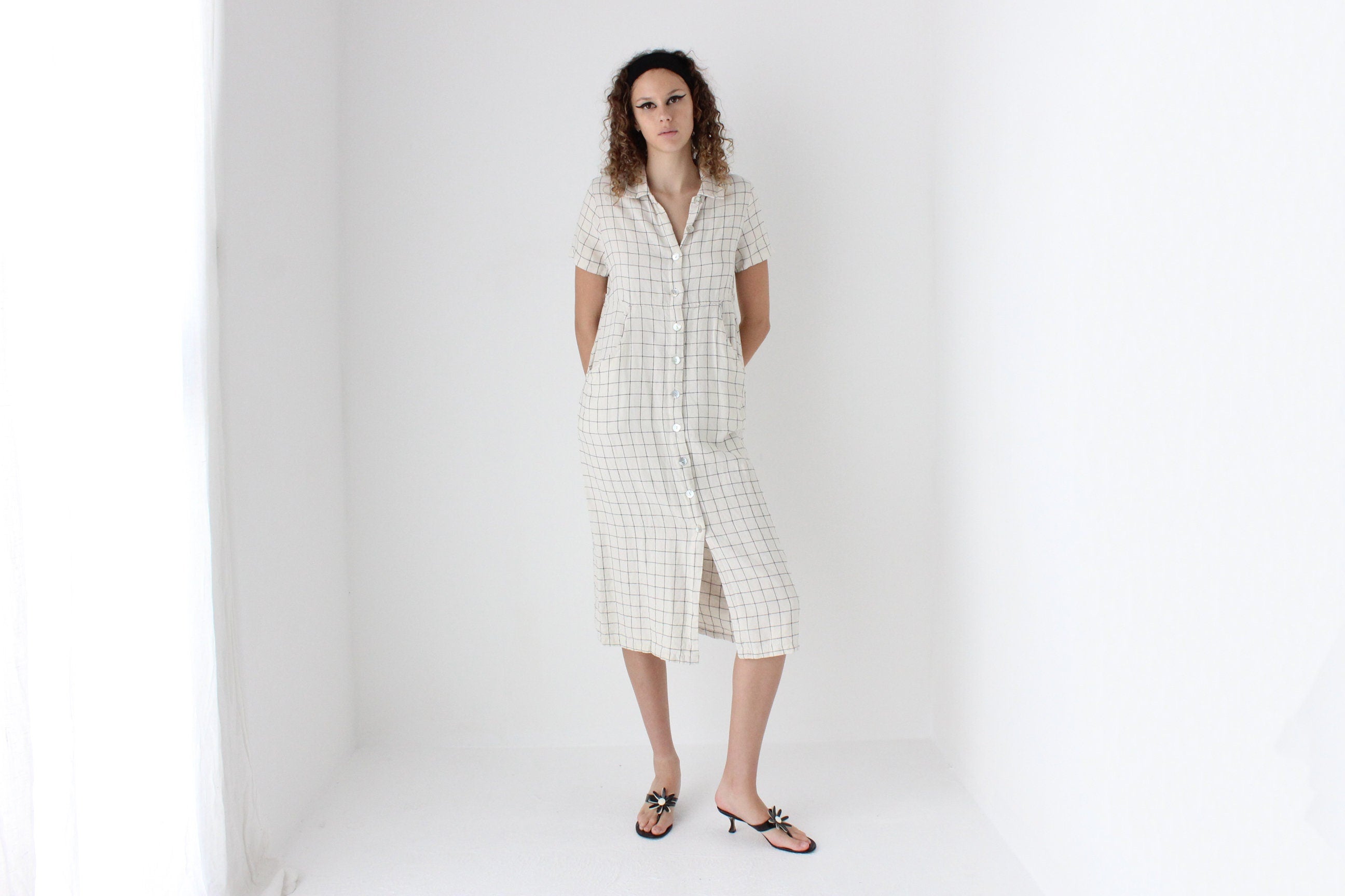 90s Pure Linen Grid Check Relaxed Button Front Dress