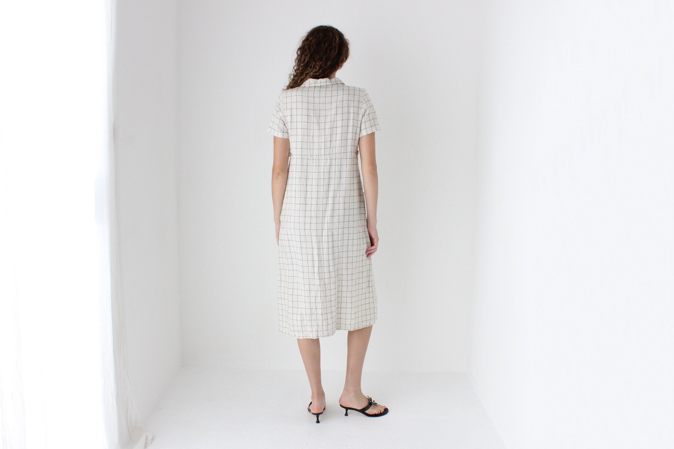 90s Pure Linen Grid Check Relaxed Button Front Dress