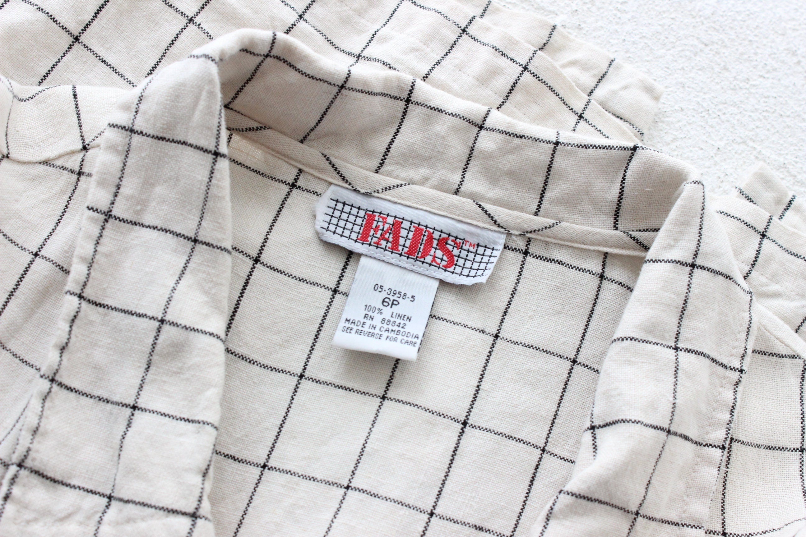 90s Pure Linen Grid Check Relaxed Button Front Dress