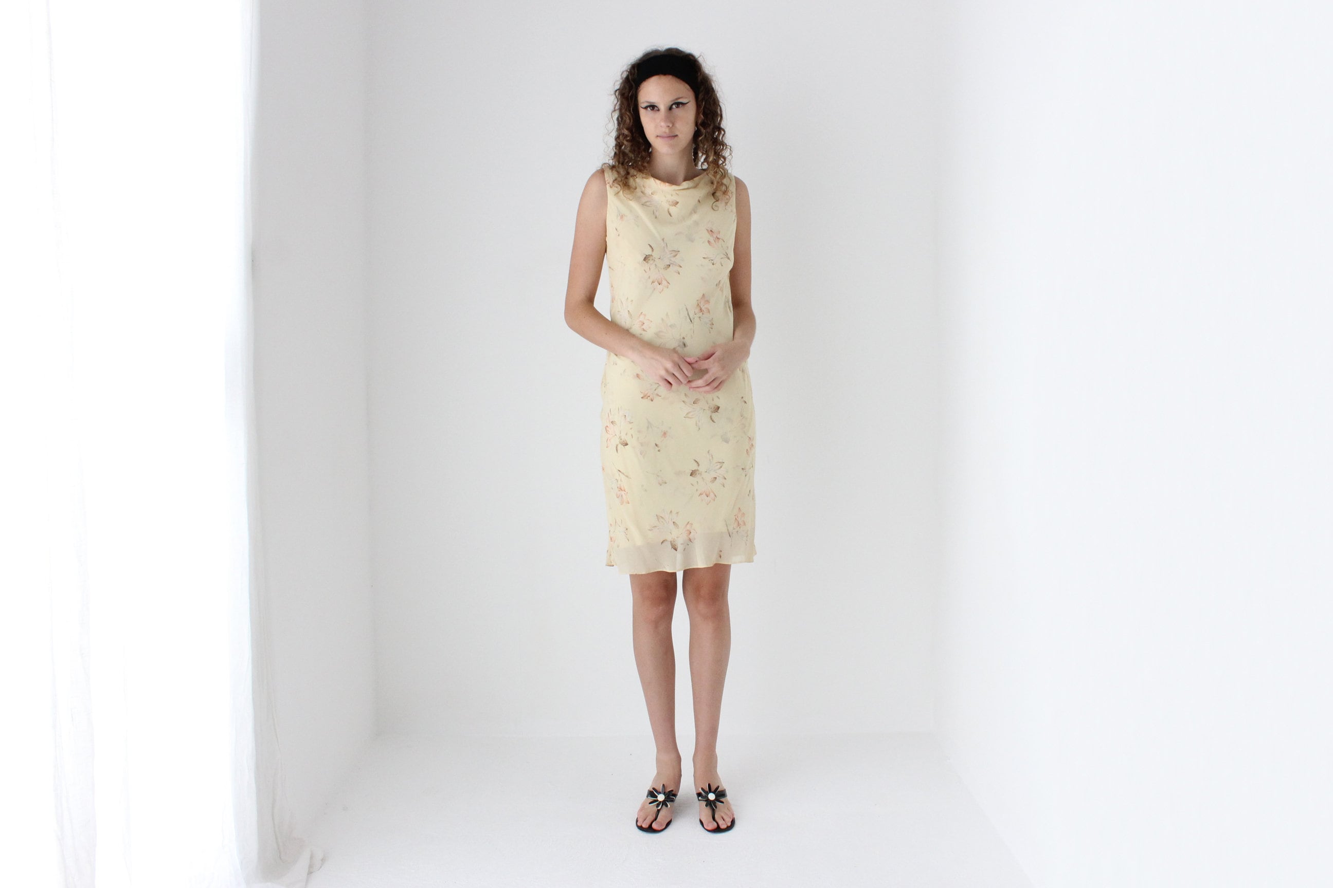 90s Pastel Yellow Cowl Neck / Bias Cut Floral Dress