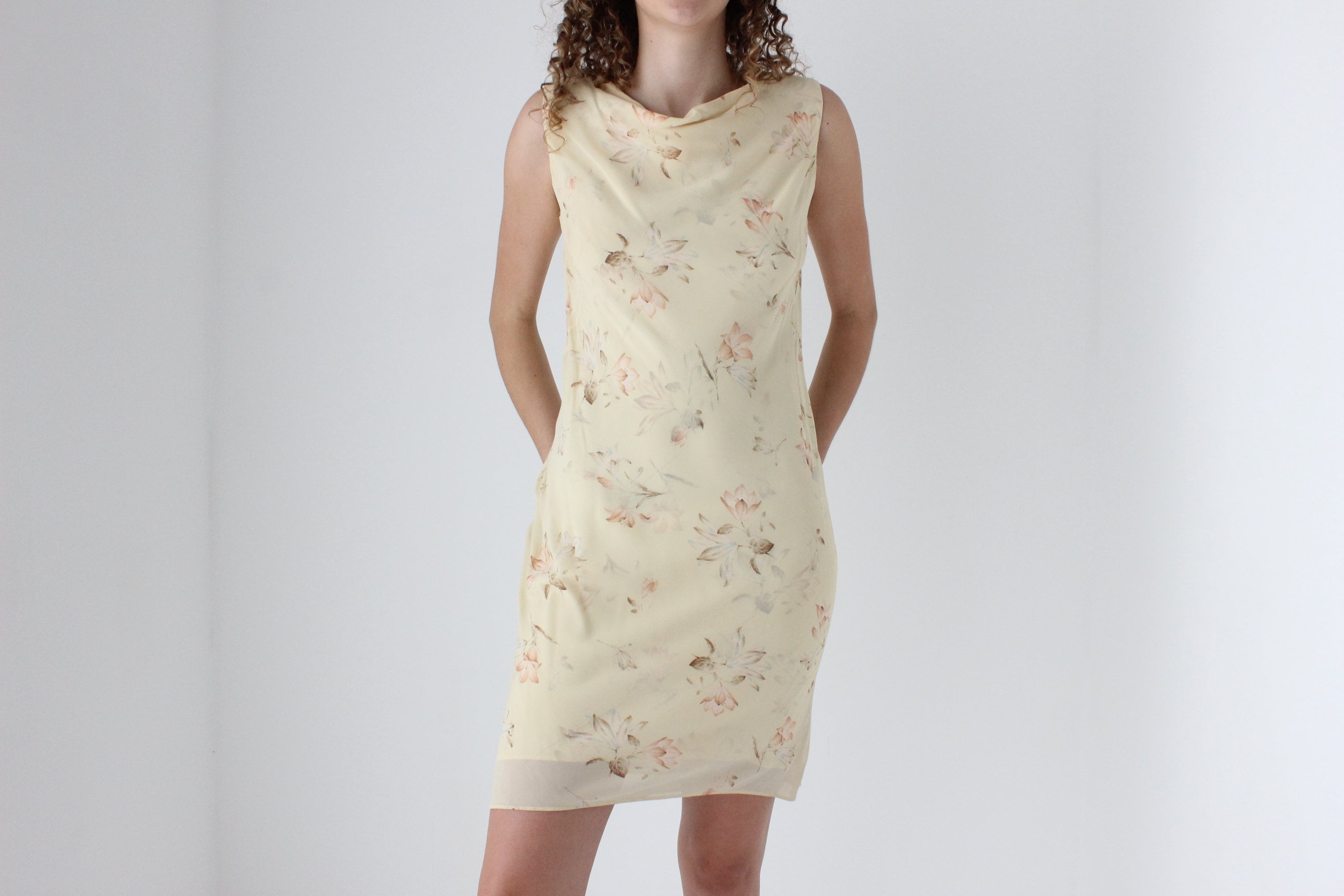 90s Pastel Yellow Cowl Neck / Bias Cut Floral Dress