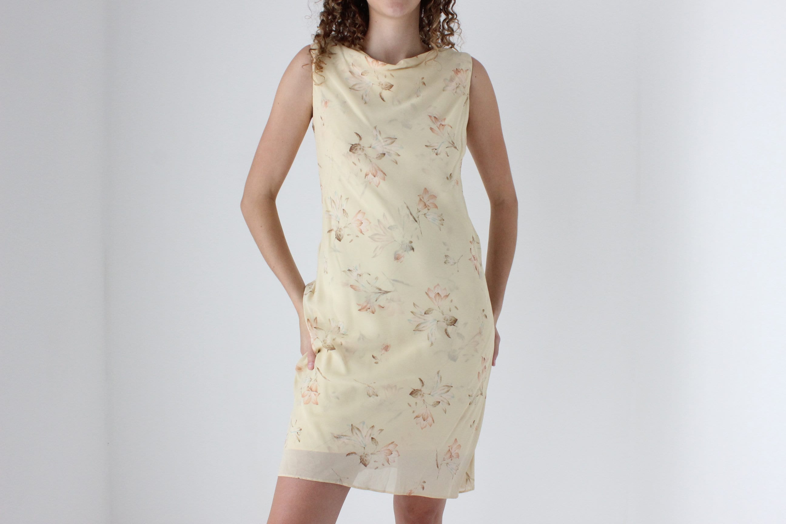 90s Pastel Yellow Cowl Neck / Bias Cut Floral Dress