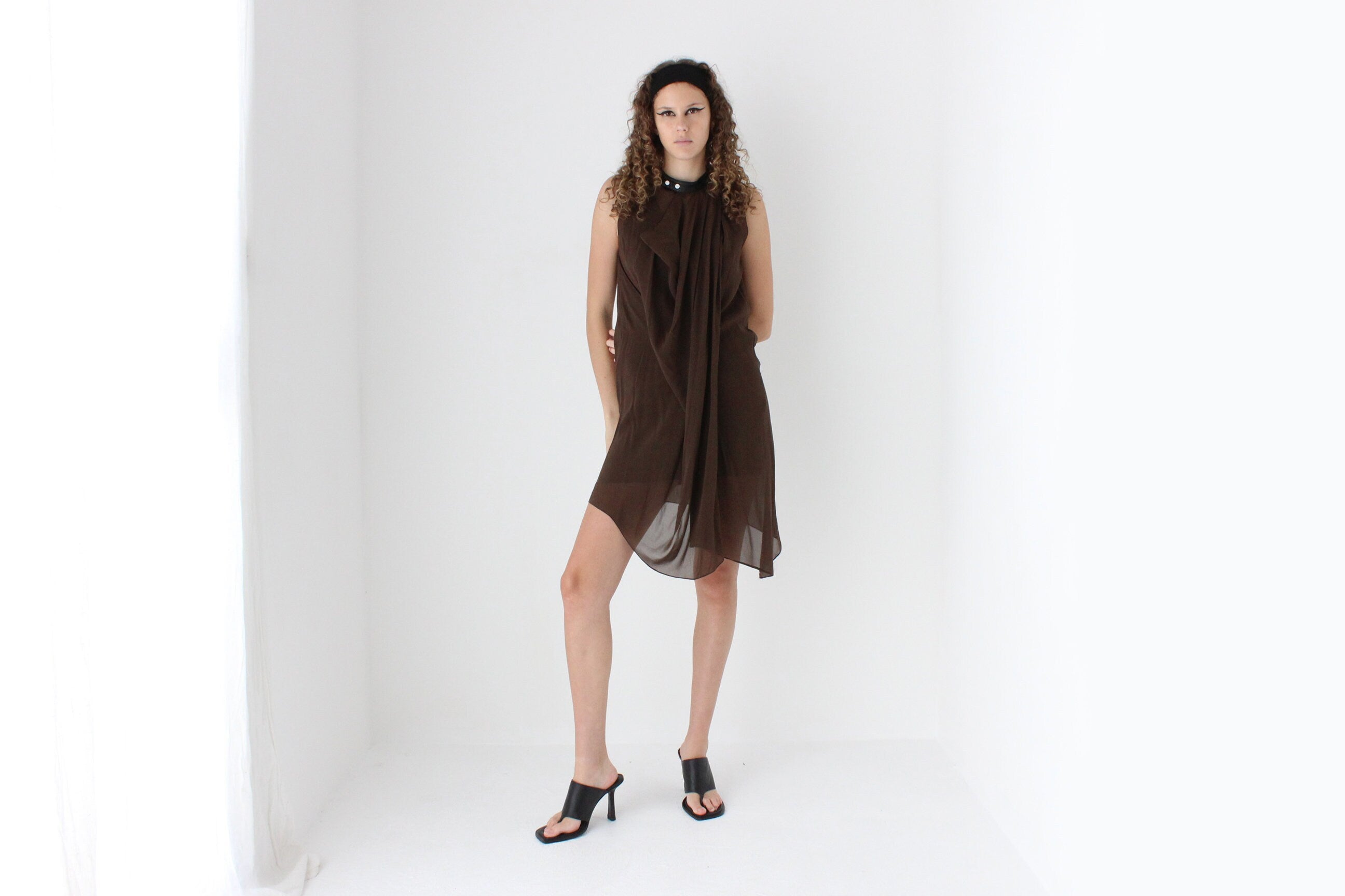 2000s Phillip Lim Layered Chocolate Silk Dress w/ Leather Collar