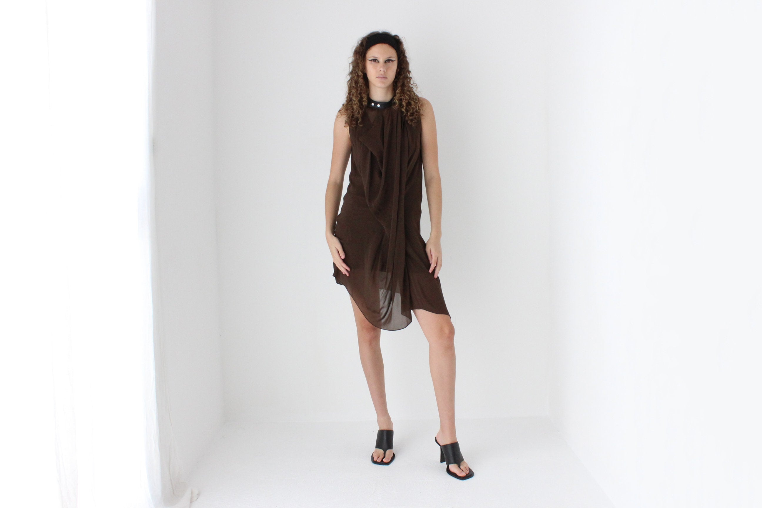 2000s Phillip Lim Layered Chocolate Silk Dress w/ Leather Collar