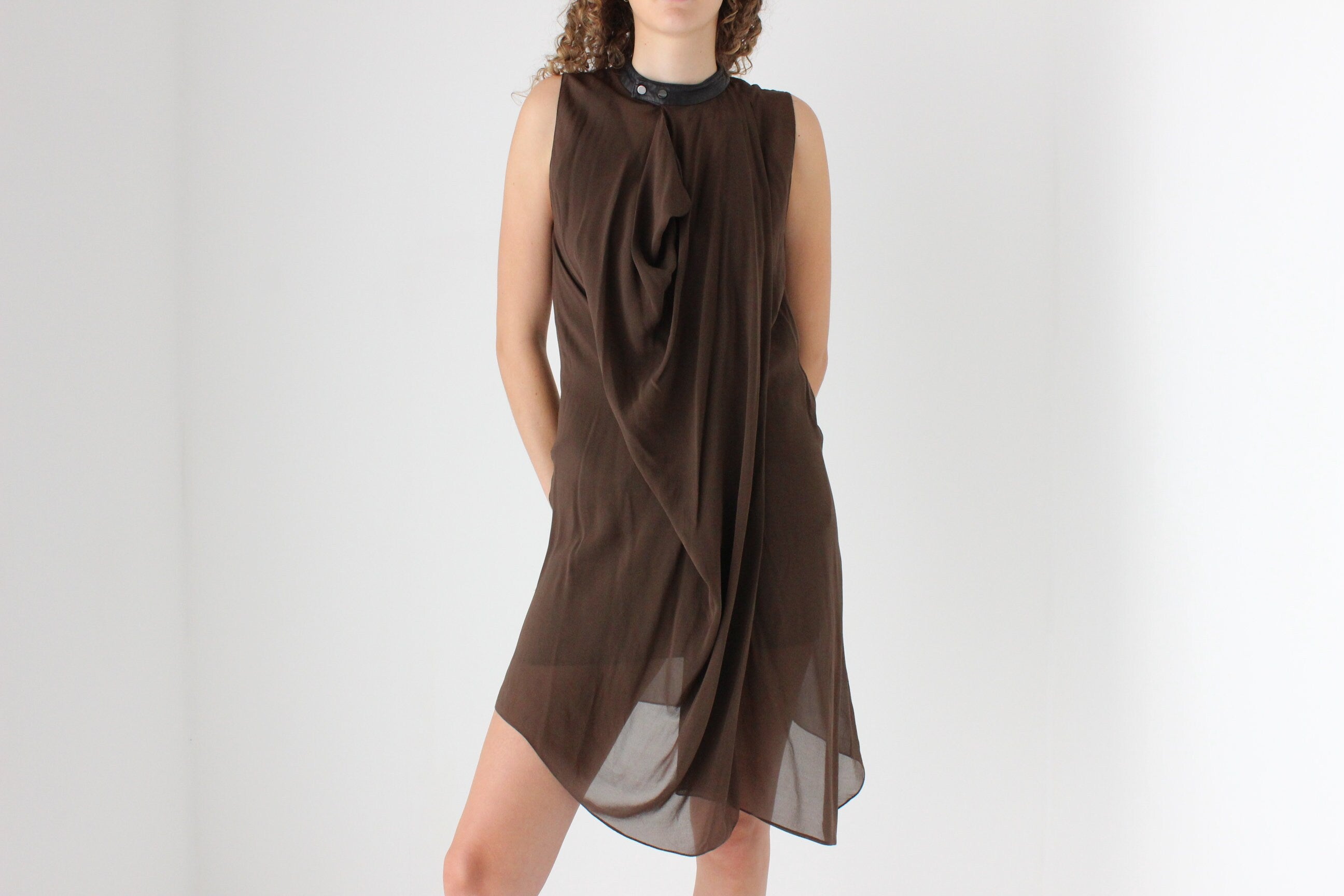 2000s Phillip Lim Layered Chocolate Silk Dress w/ Leather Collar