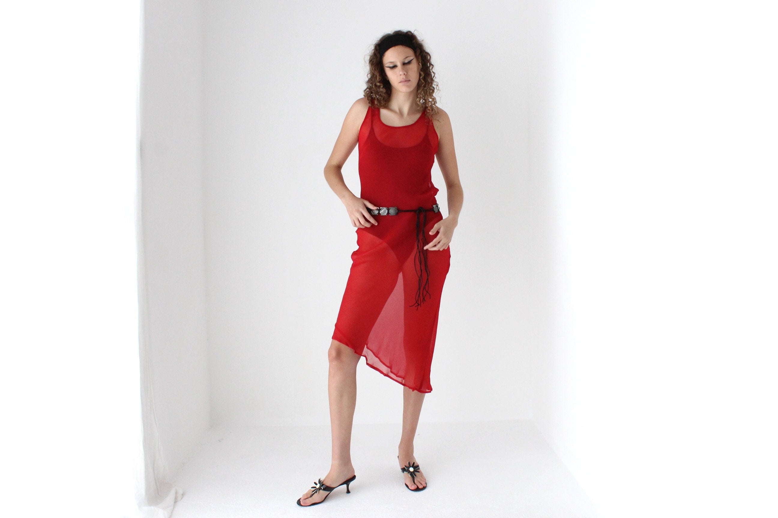 90s PURE SILK Sheer Georgette Bias Cut Dress in Red