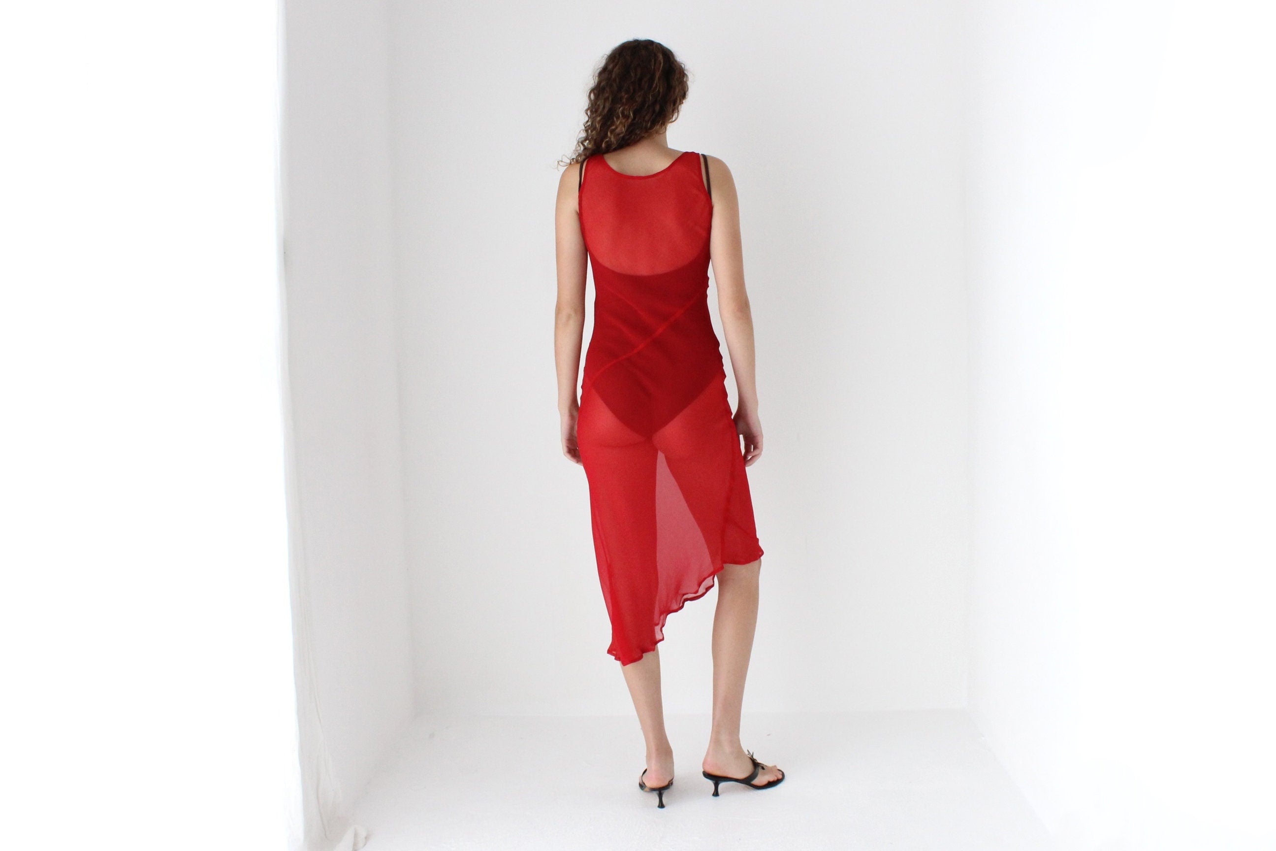 90s PURE SILK Sheer Georgette Bias Cut Dress in Red