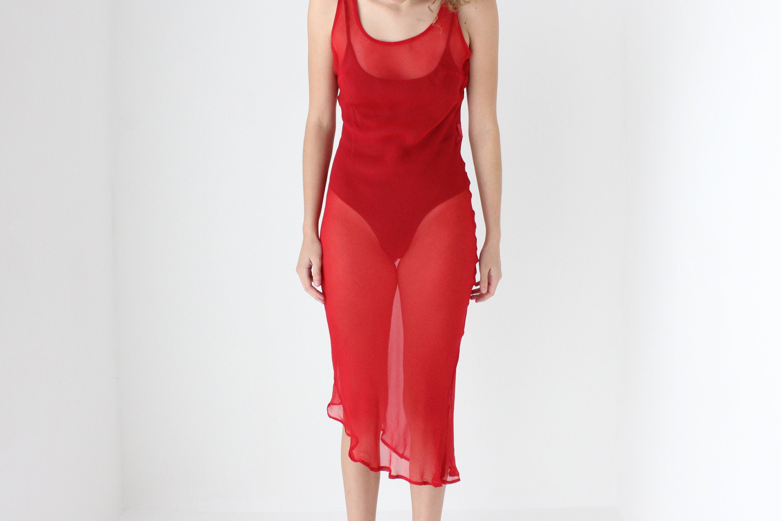90s PURE SILK Sheer Georgette Bias Cut Dress in Red