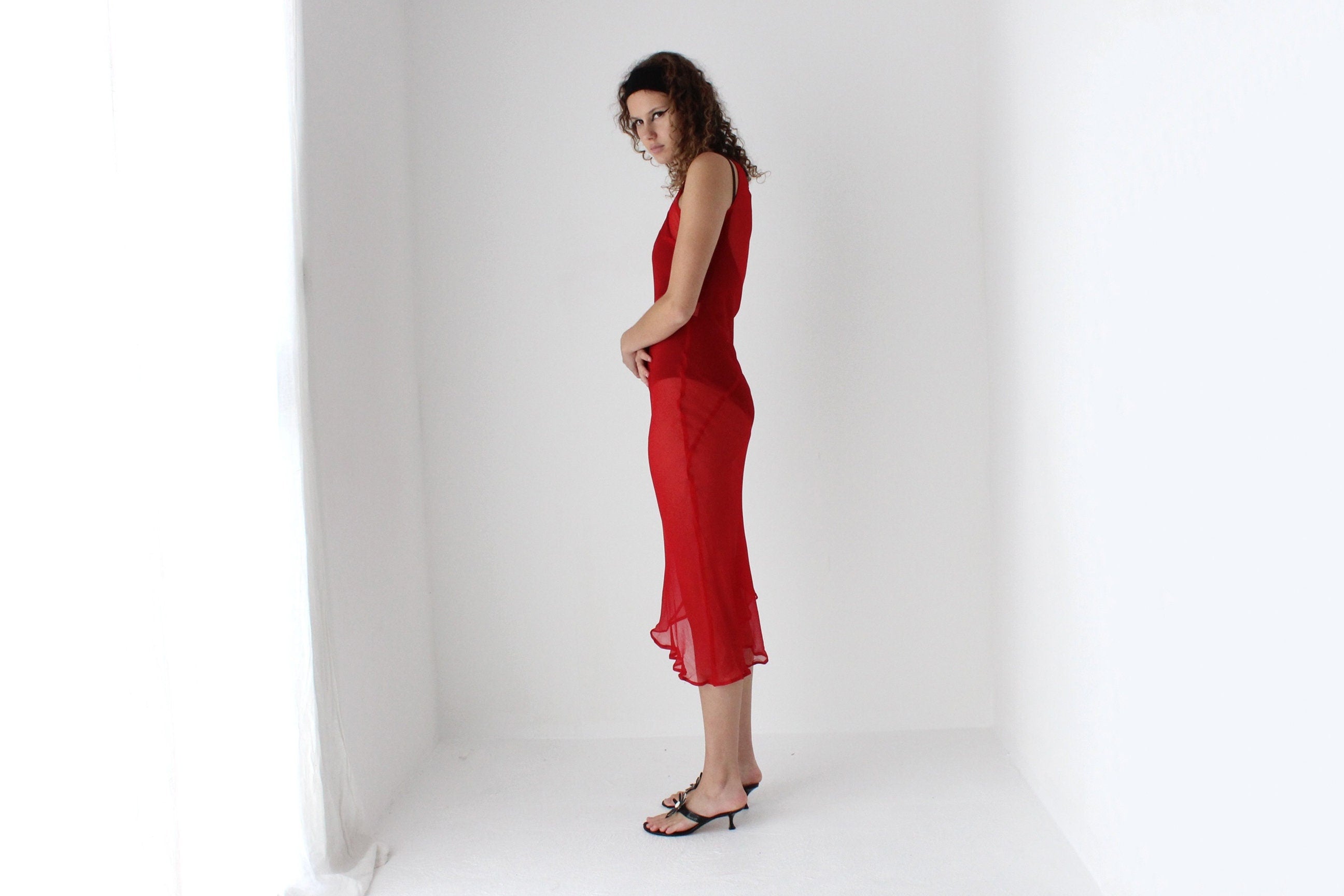 90s PURE SILK Sheer Georgette Bias Cut Dress in Red