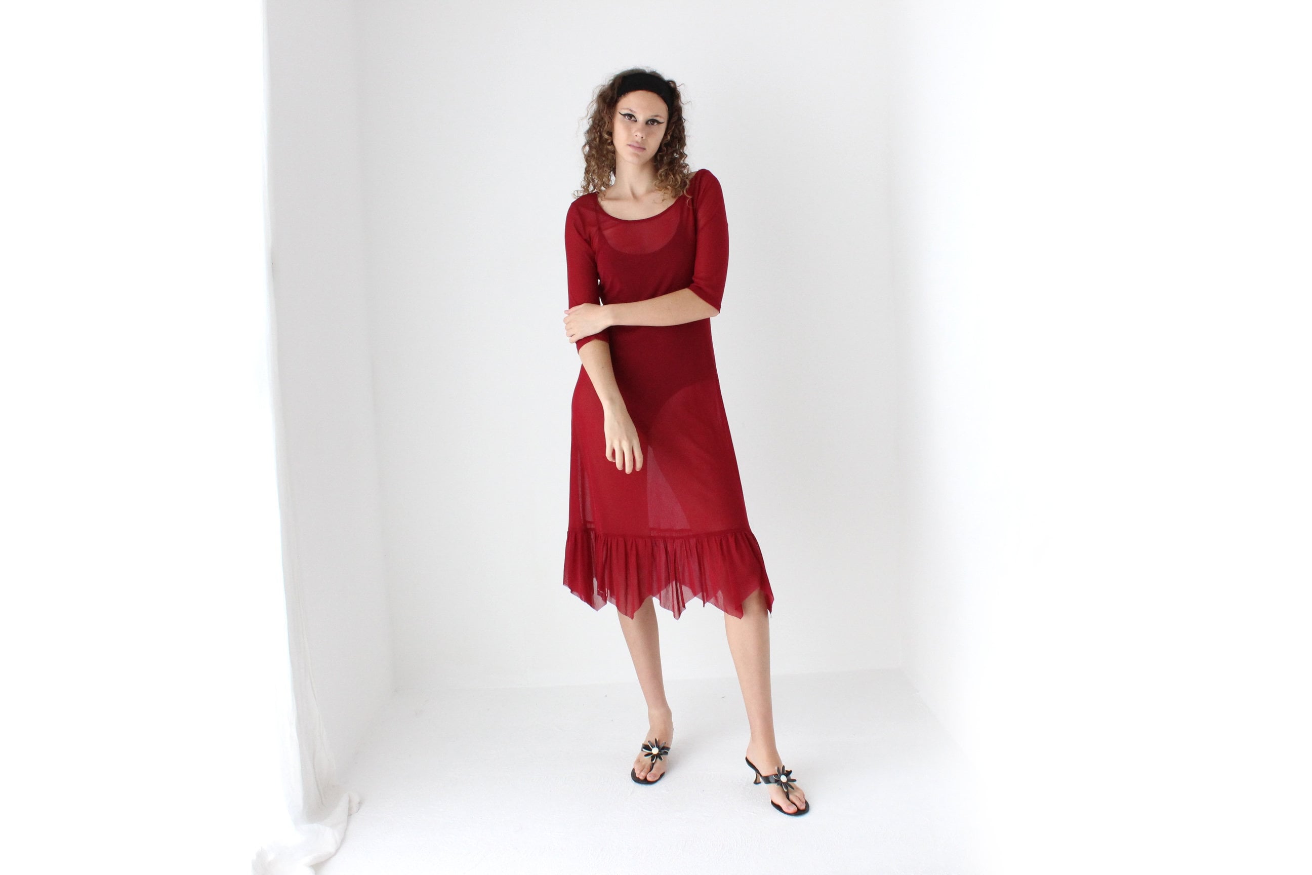 90s Sheer Burgundy Mesh Dress w/ Pointed Hem
