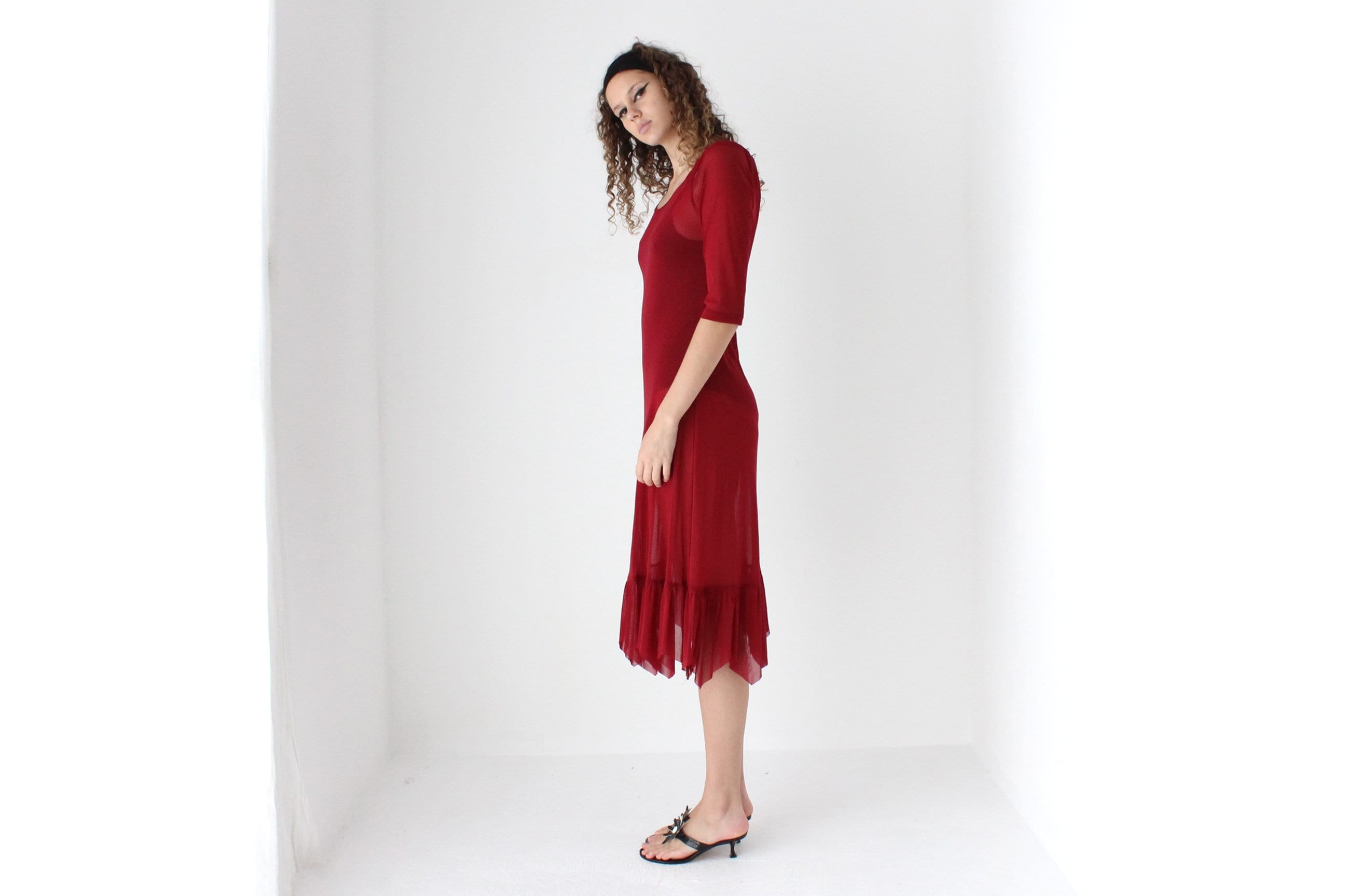 90s Sheer Burgundy Mesh Dress w/ Pointed Hem