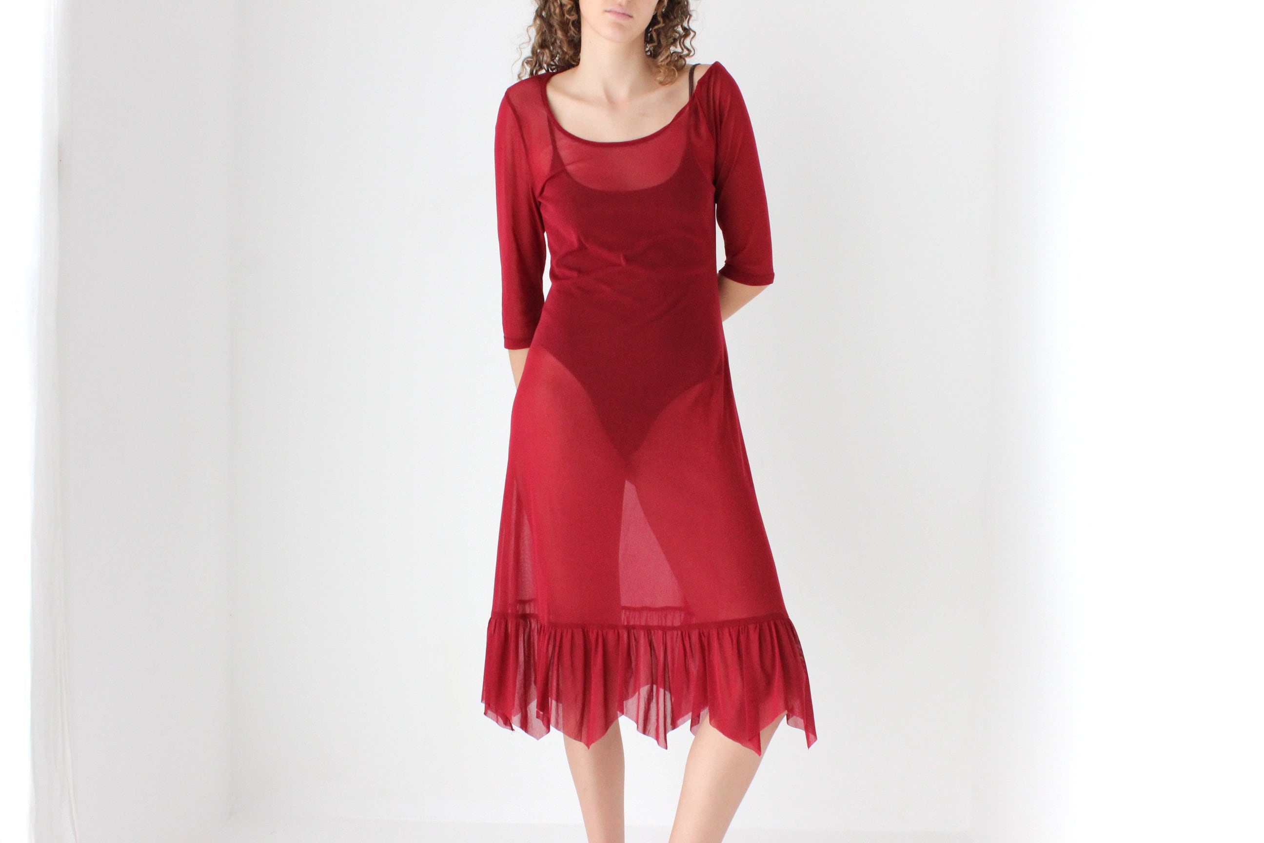 90s Sheer Burgundy Mesh Dress w/ Pointed Hem