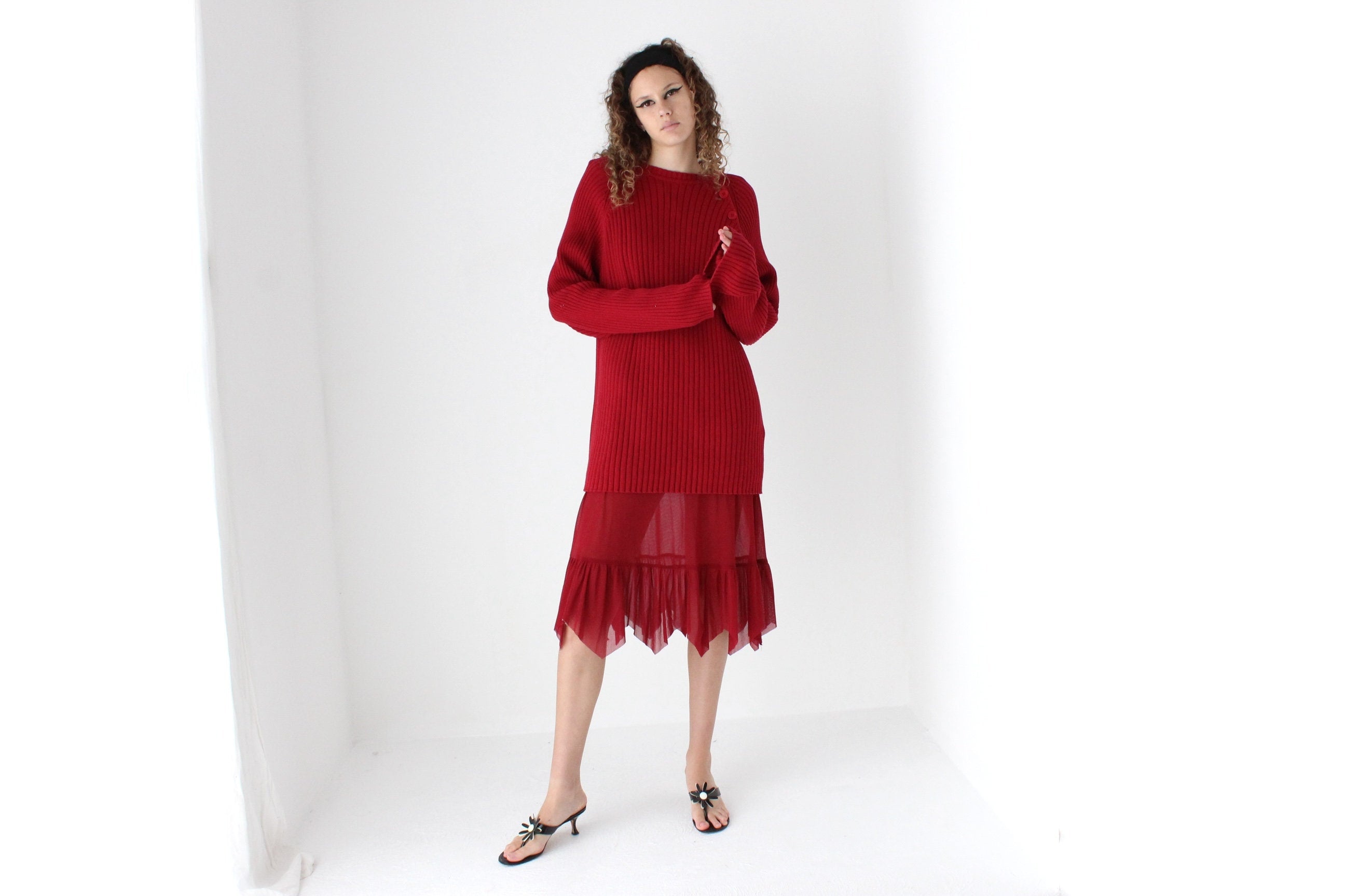 90s Sheer Burgundy Mesh Dress w/ Pointed Hem