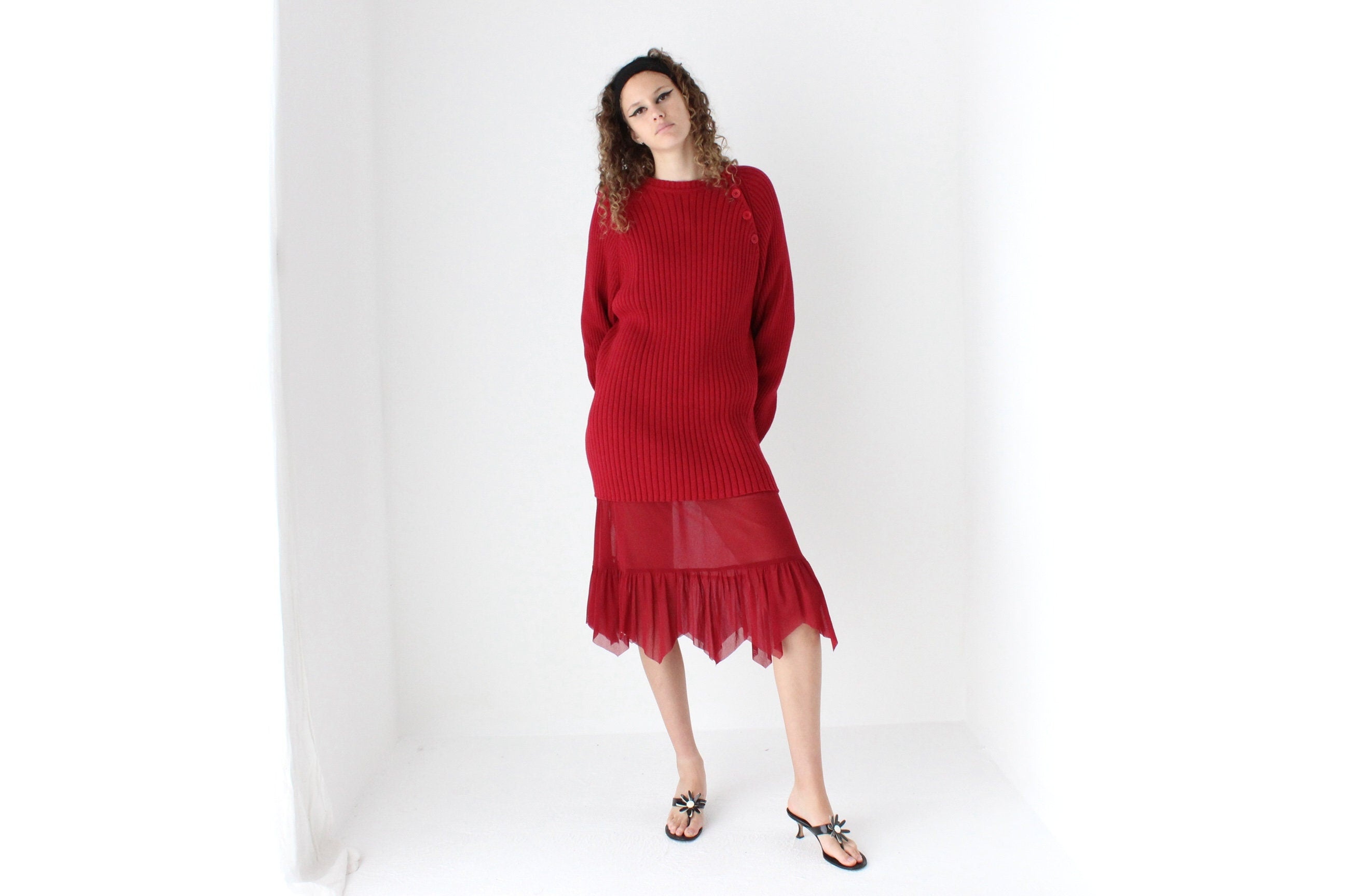 90s Pure Cotton Ribbed Knit Oversized Sweater Dress