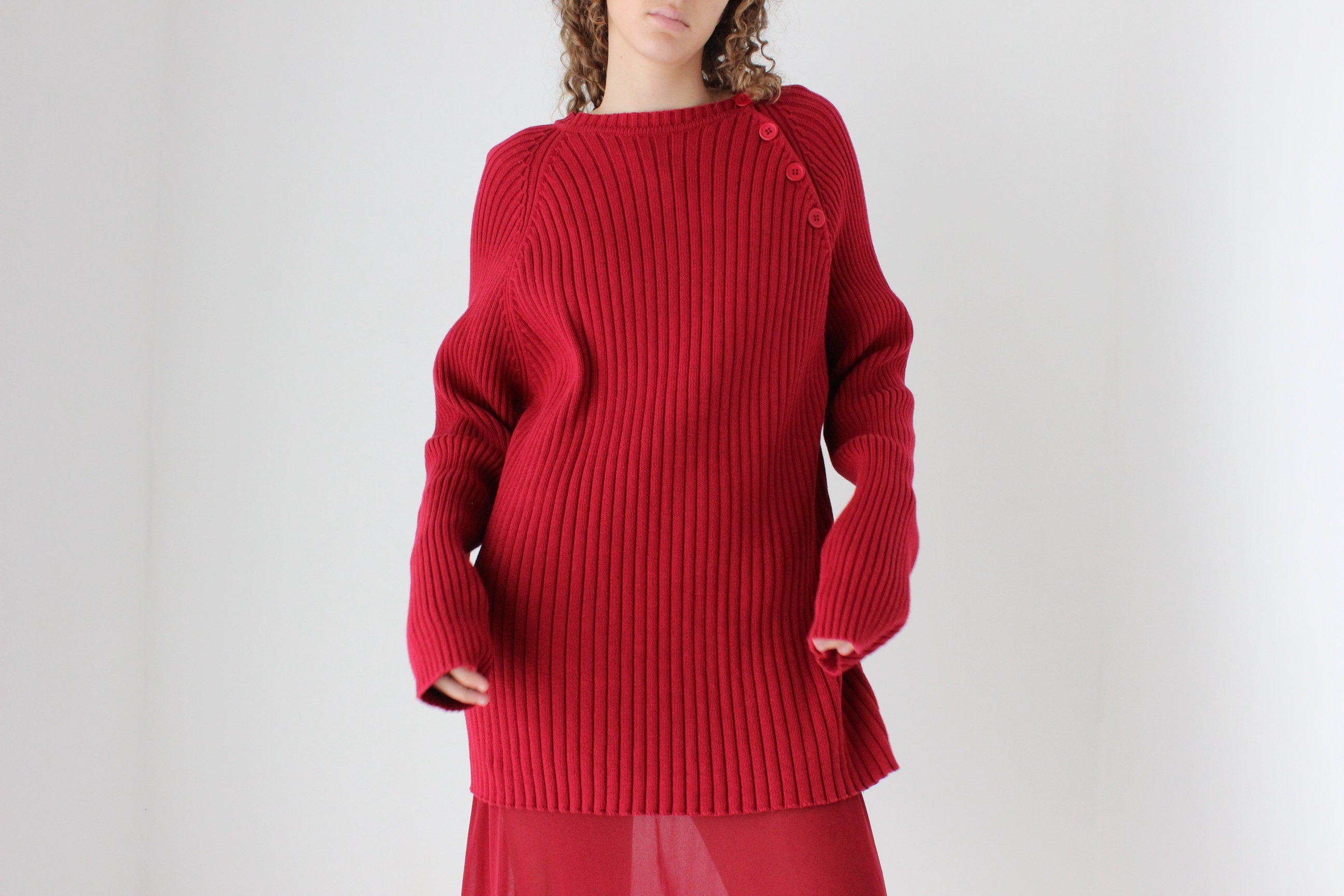 90s Pure Cotton Ribbed Knit Oversized Sweater Dress