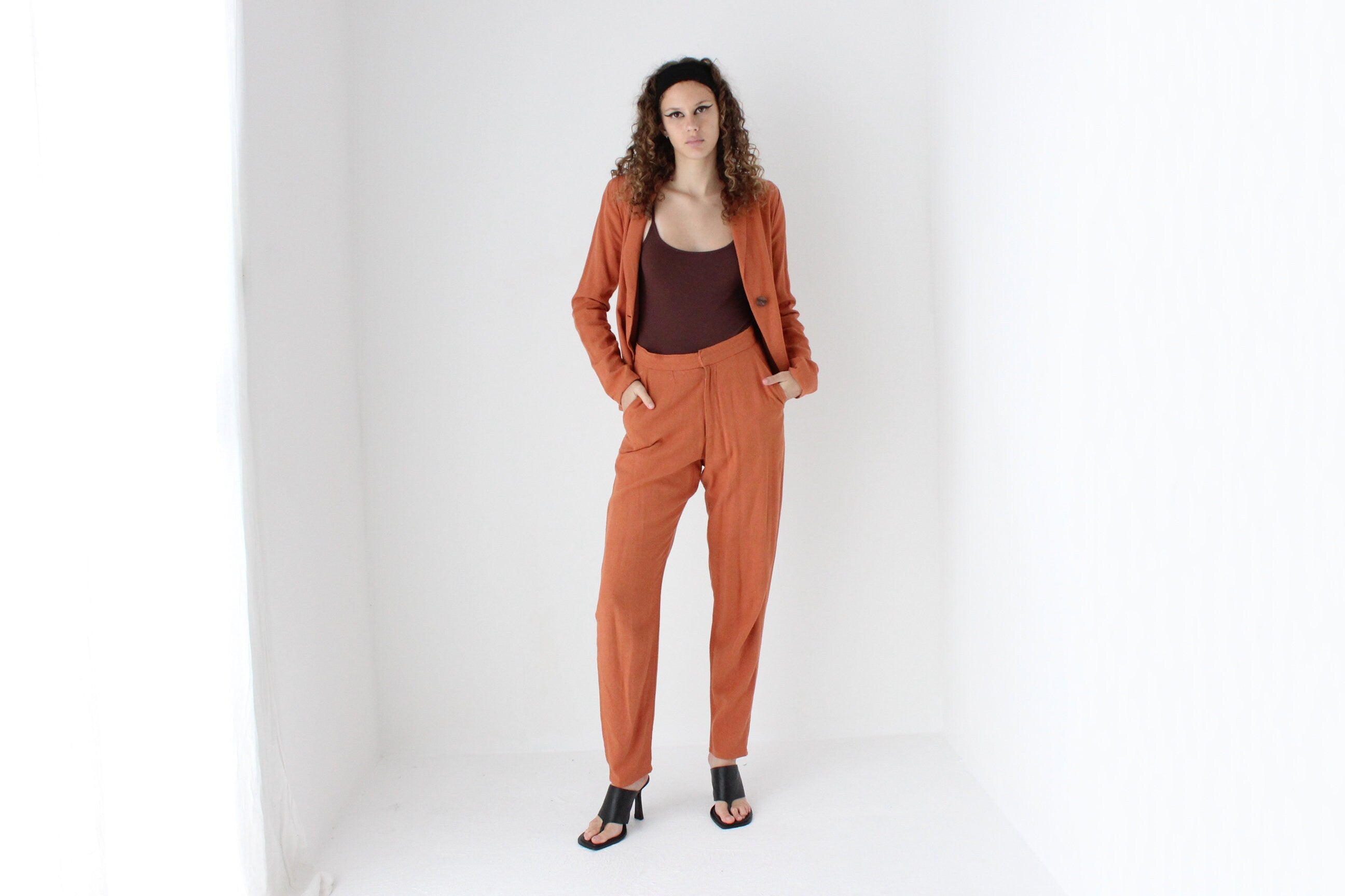 90s Terracotta Woven Linen Pant Suit