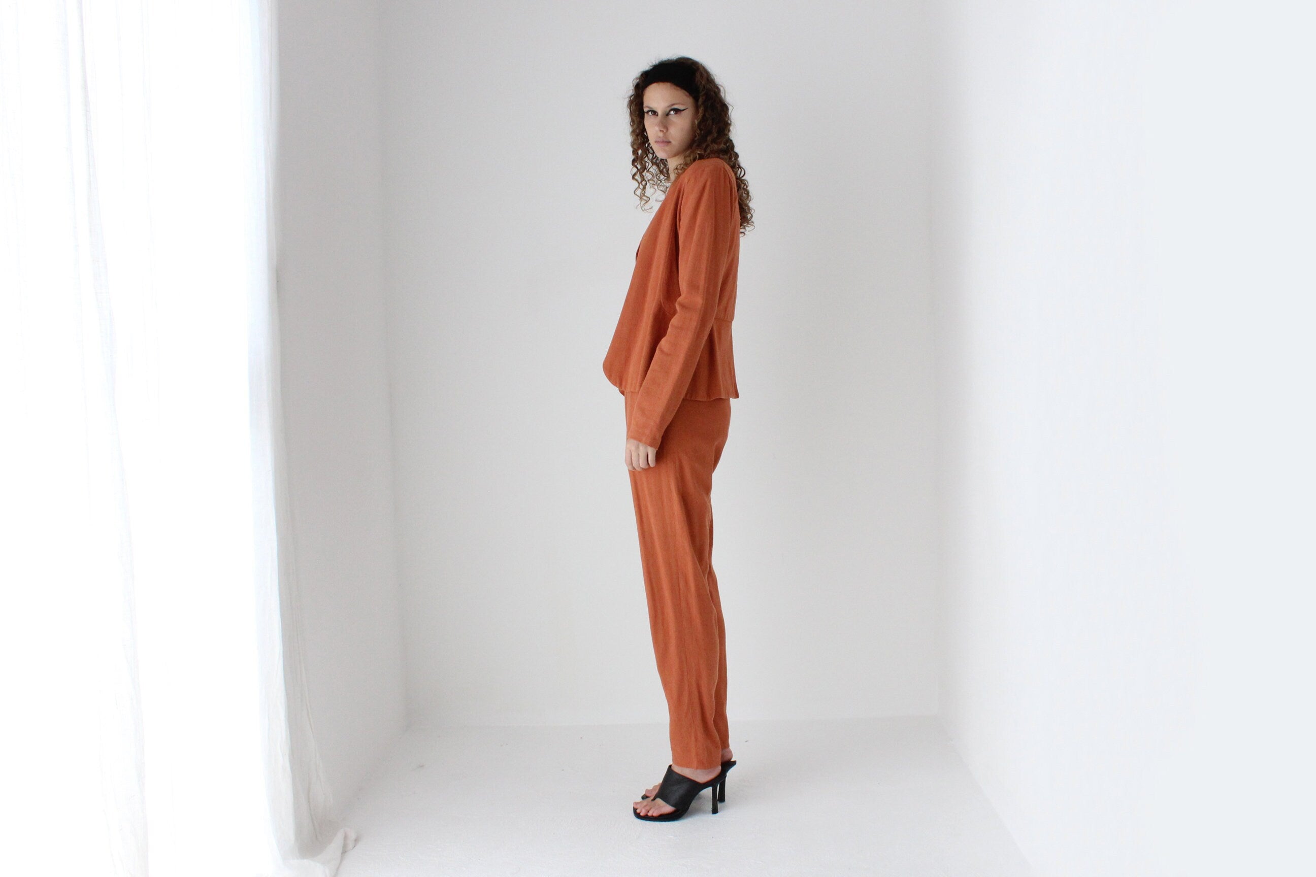 90s Terracotta Woven Linen Pant Suit