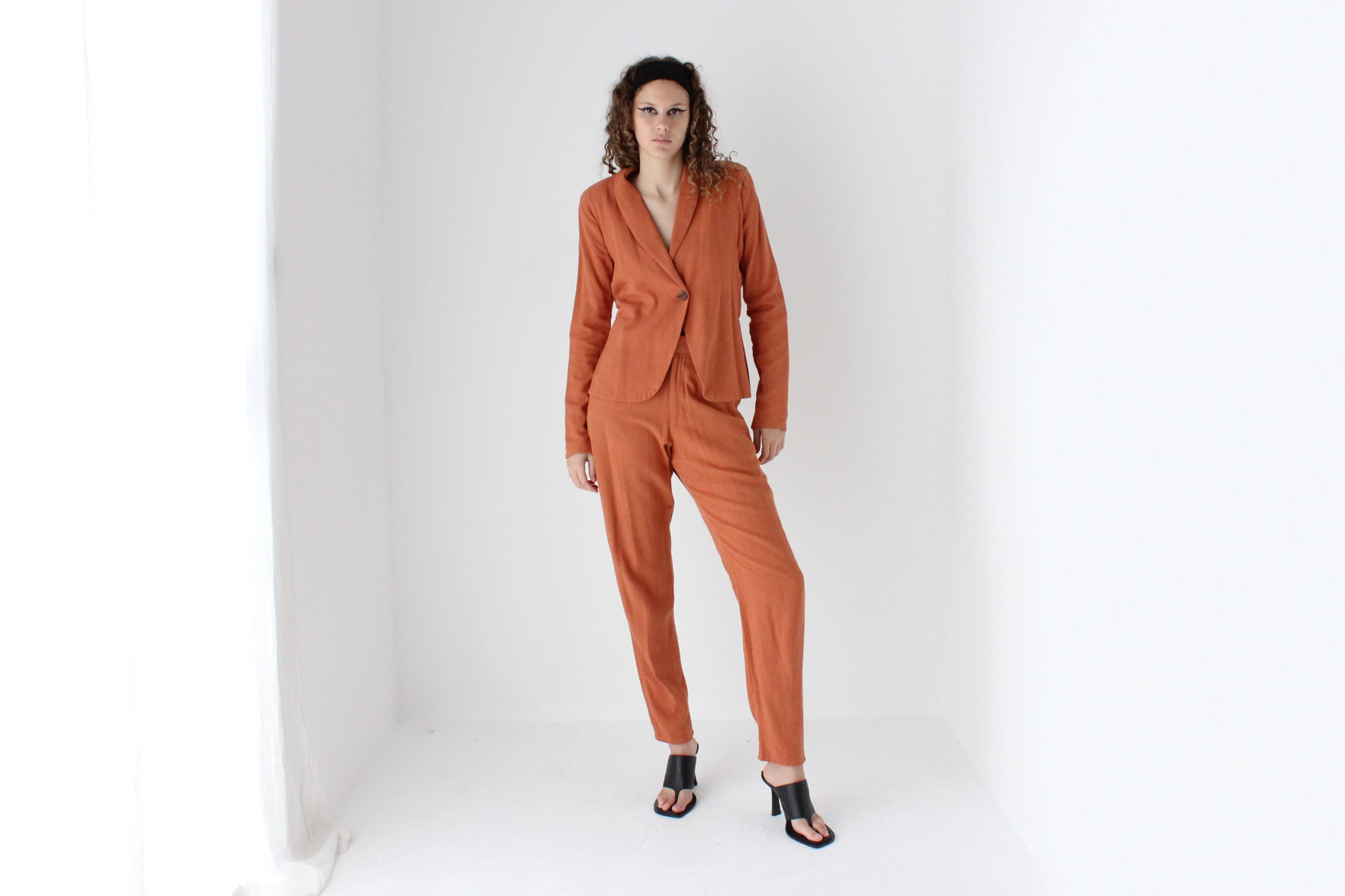 90s Terracotta Woven Linen Pant Suit