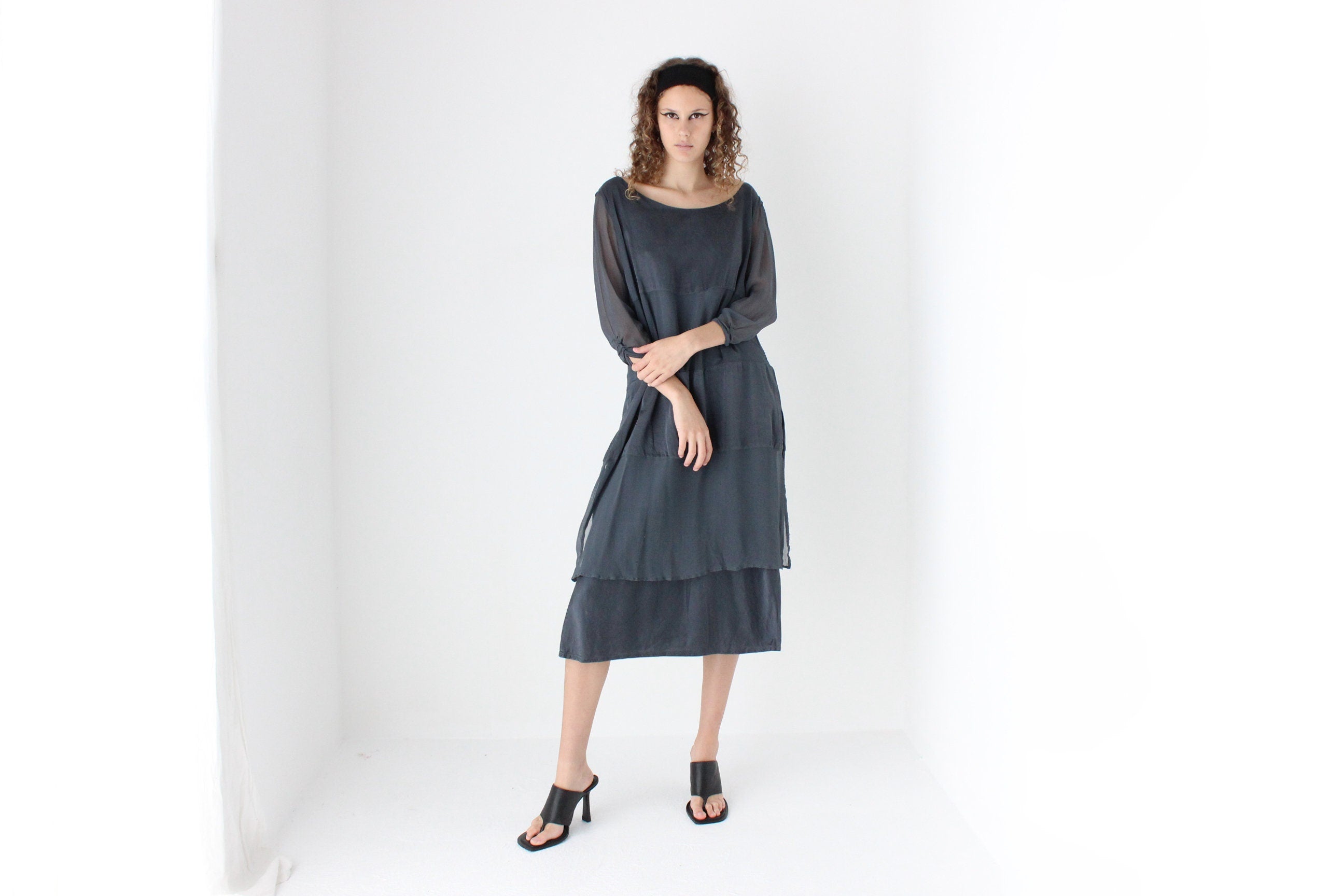 90s Pure Silk Layered Slate Grey Relaxed Dress w/ Satin & Sheer Panels