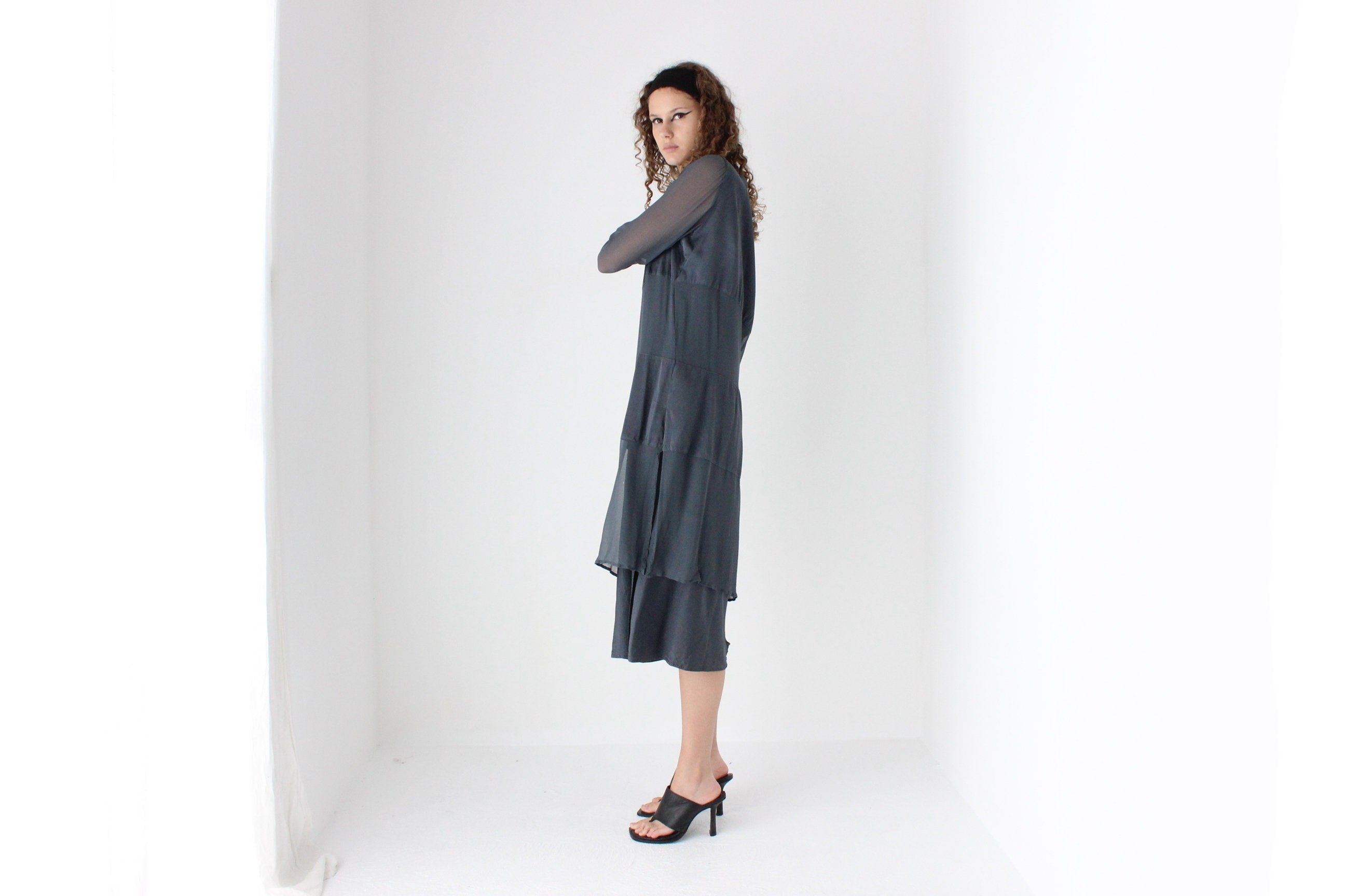 90s Pure Silk Layered Slate Grey Relaxed Dress w/ Satin & Sheer Panels