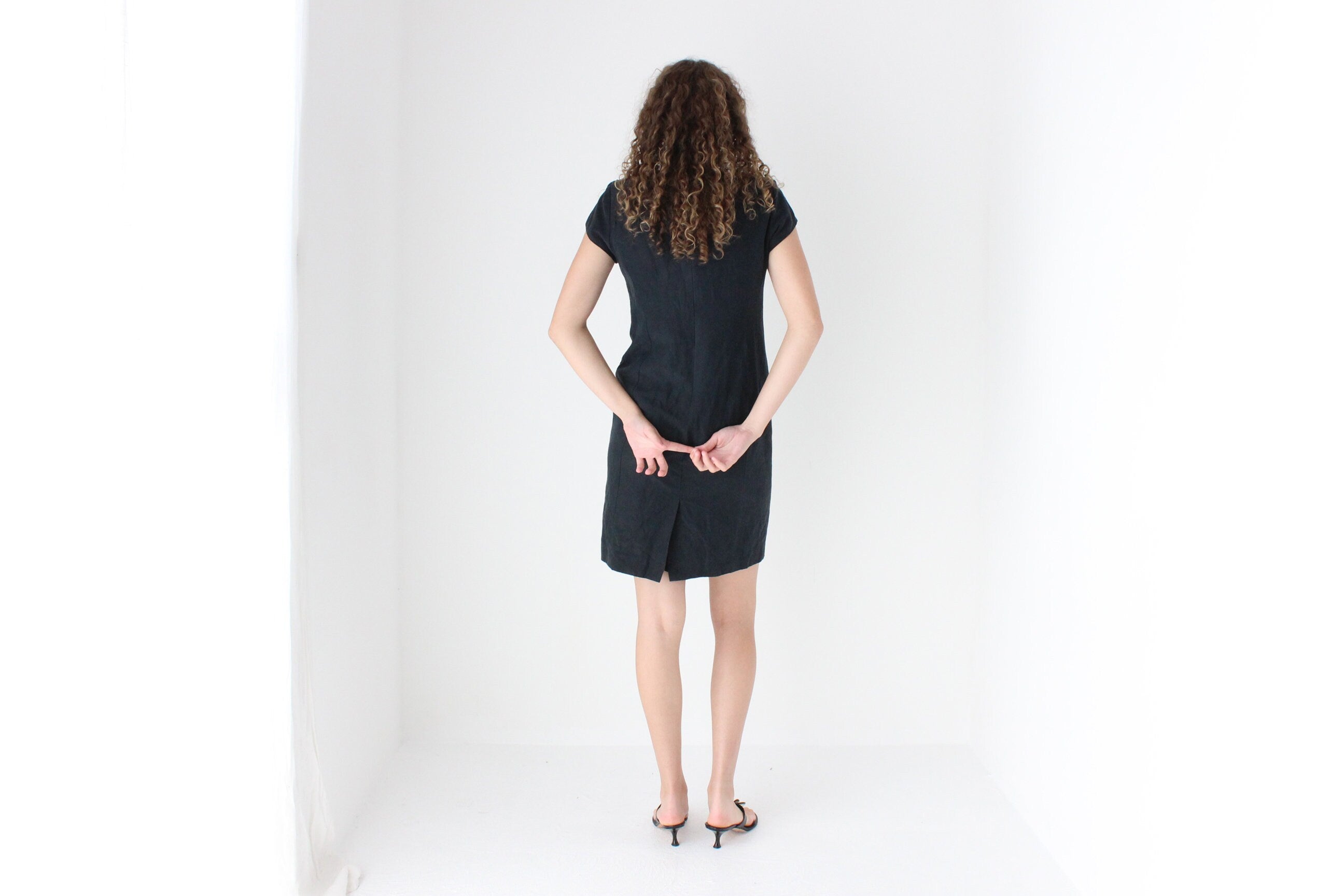 90s Silk & Linen Navy Blue Sheath Dress