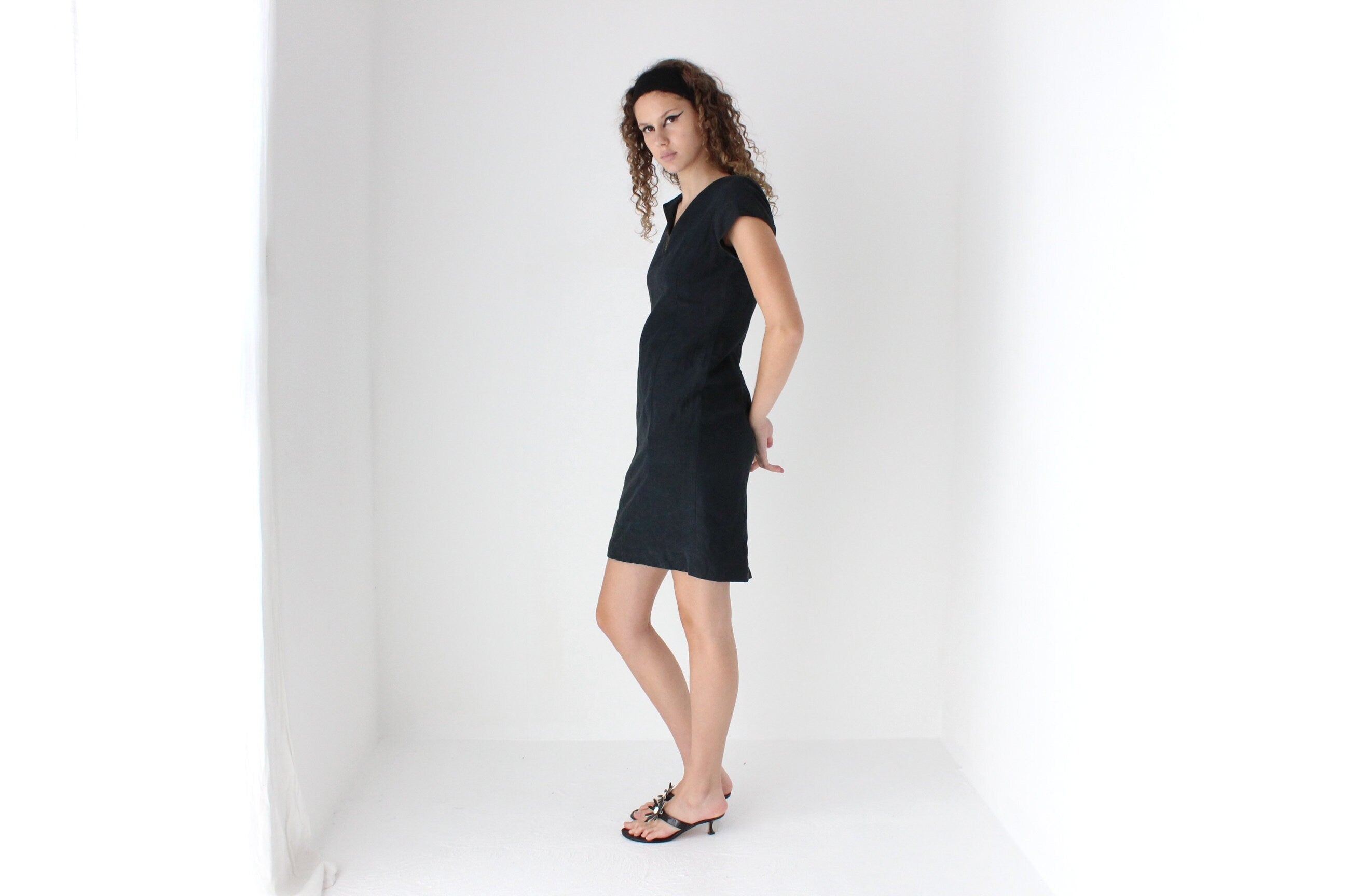 90s Silk & Linen Navy Blue Sheath Dress