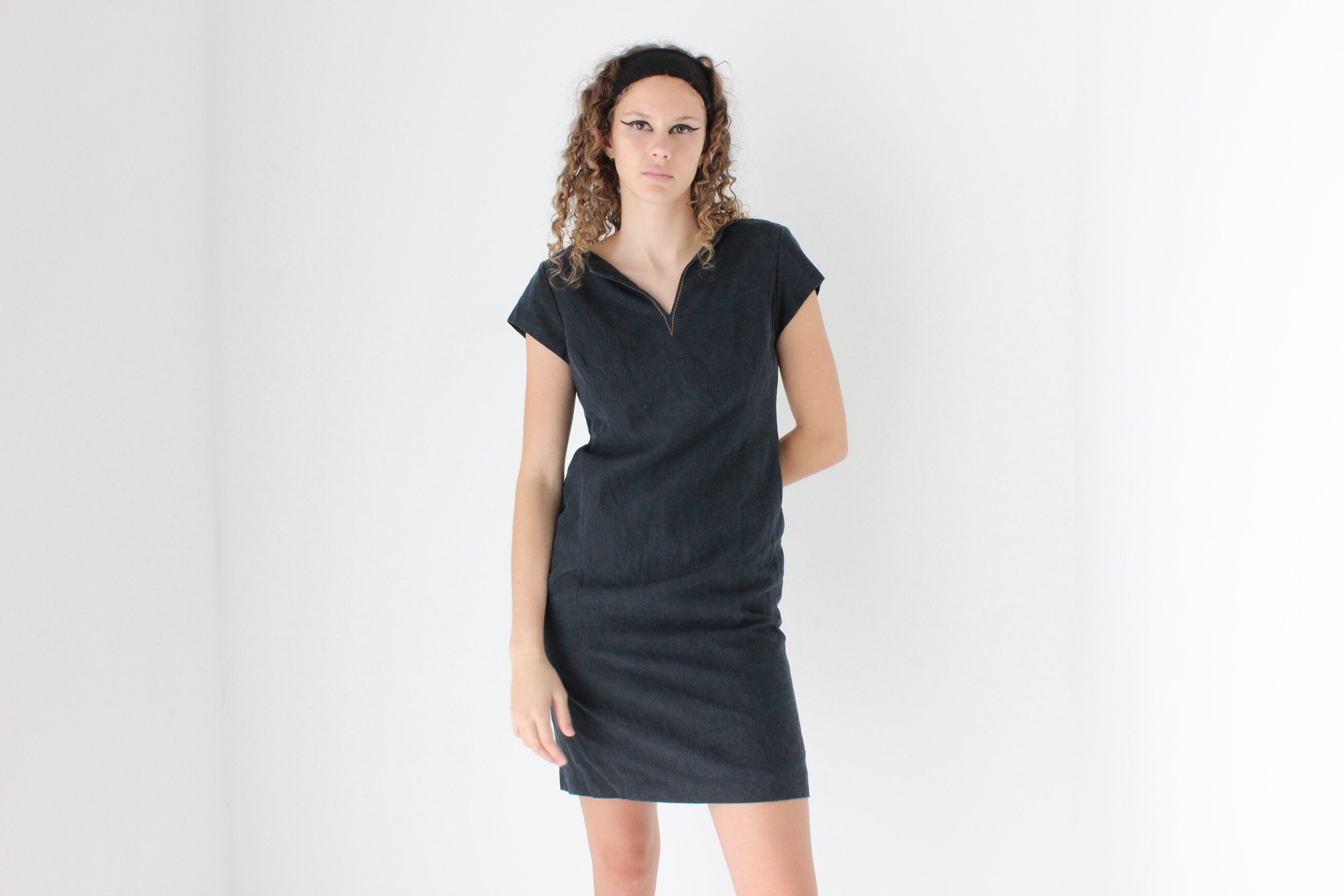 90s Silk & Linen Navy Blue Sheath Dress
