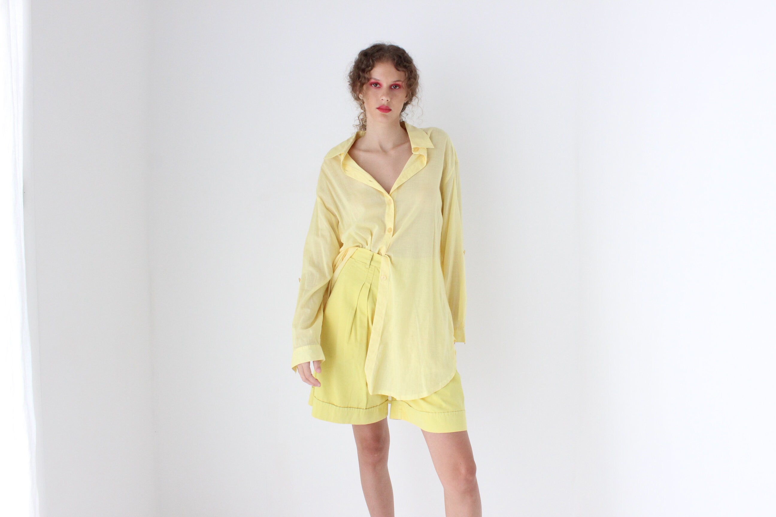 80s European Lemon Yellow Cotton Knee Length Shorts