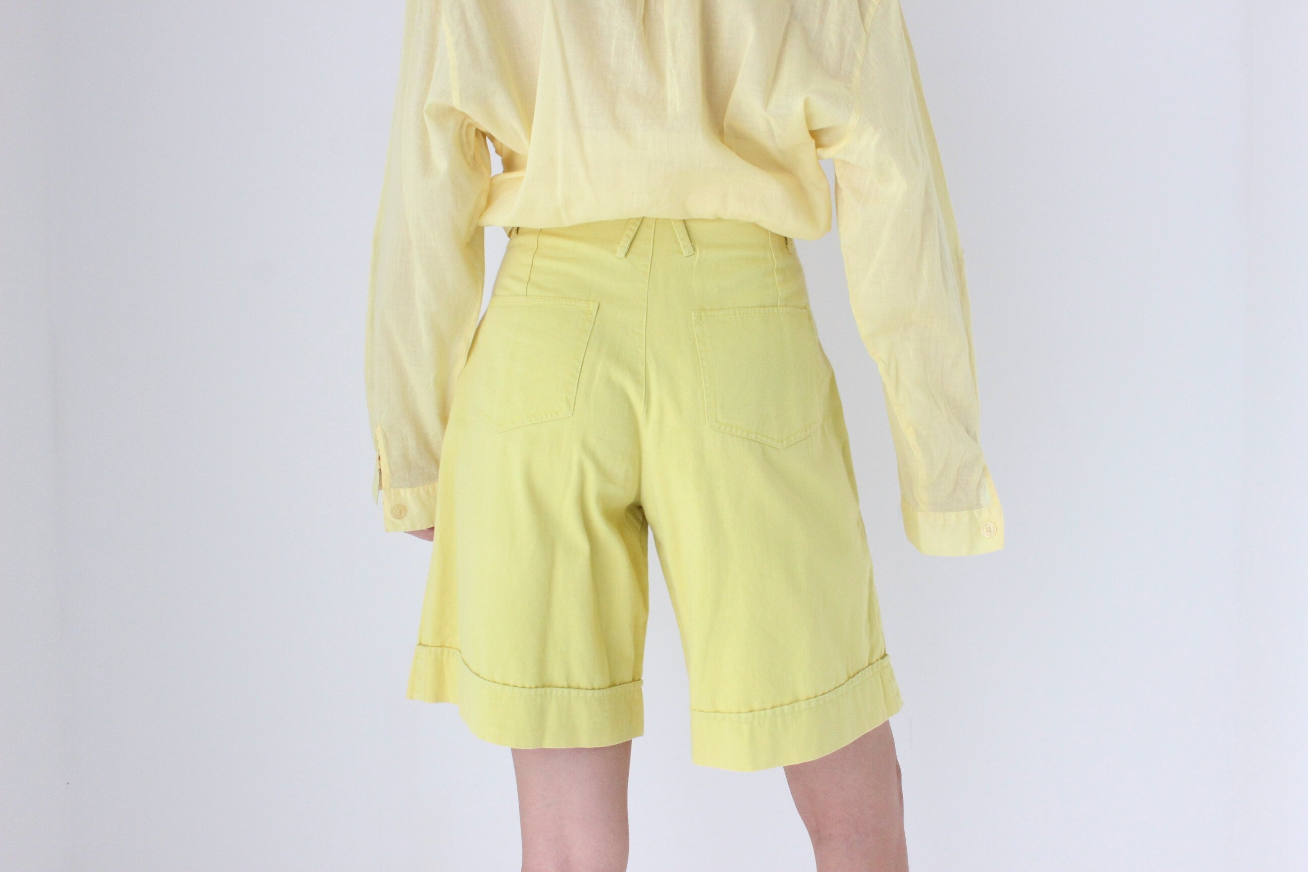 80s European Lemon Yellow Cotton Knee Length Shorts