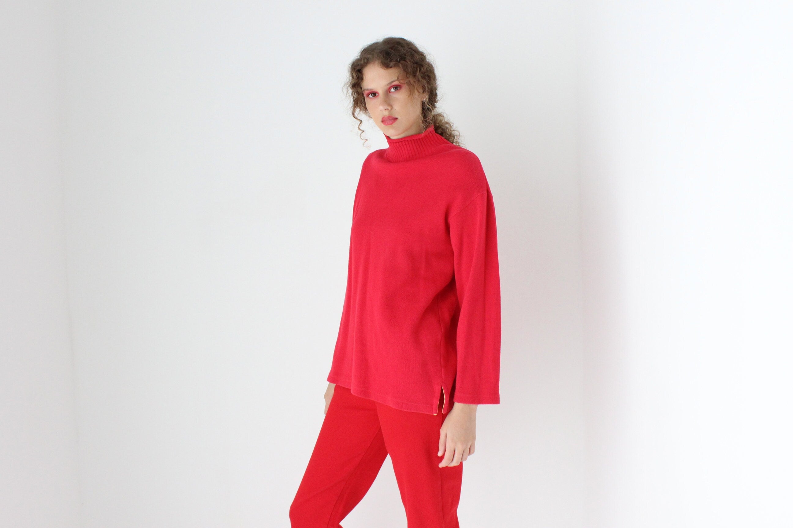 90s Pure Cotton Cherry Red High Neck Sweater