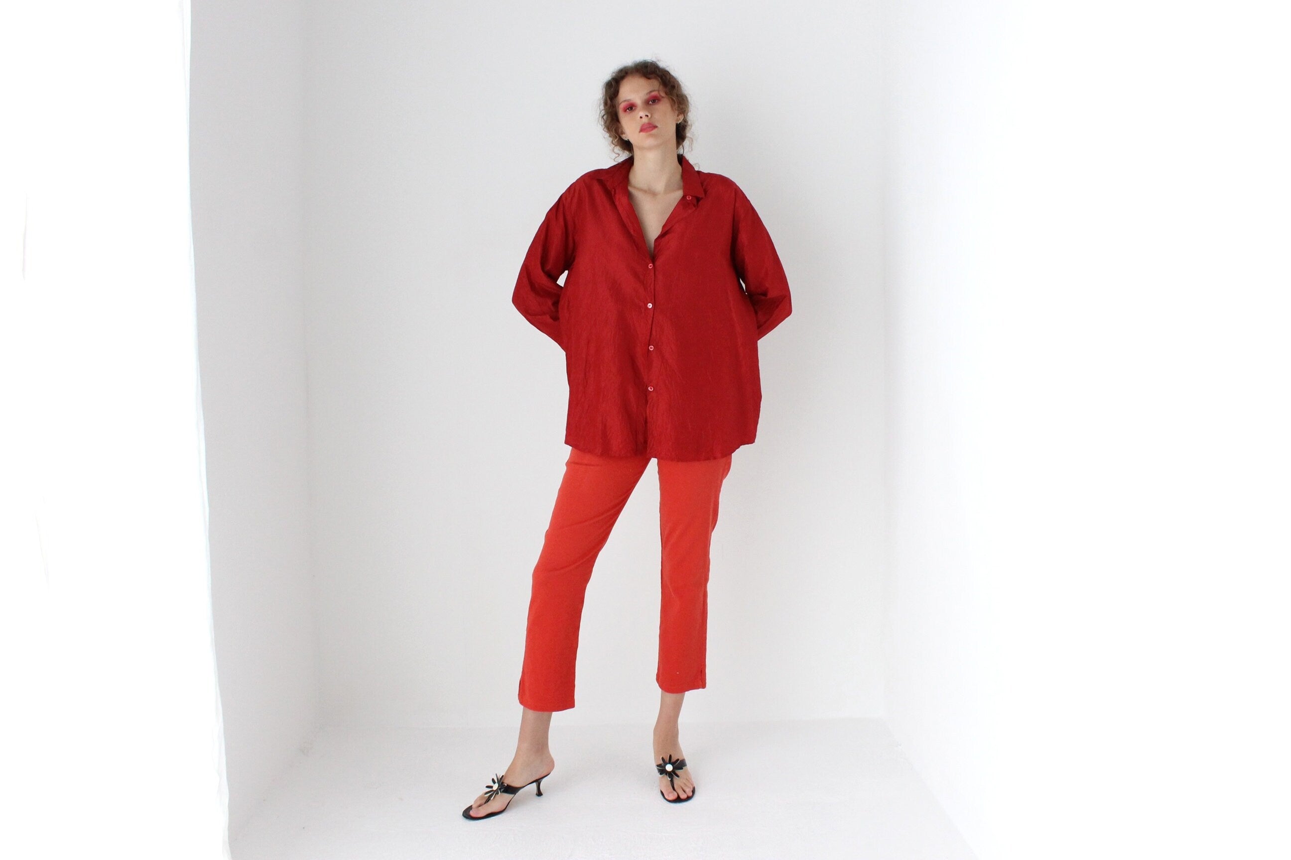 80s Silk Rust Red Button Up Shirt by Bogner