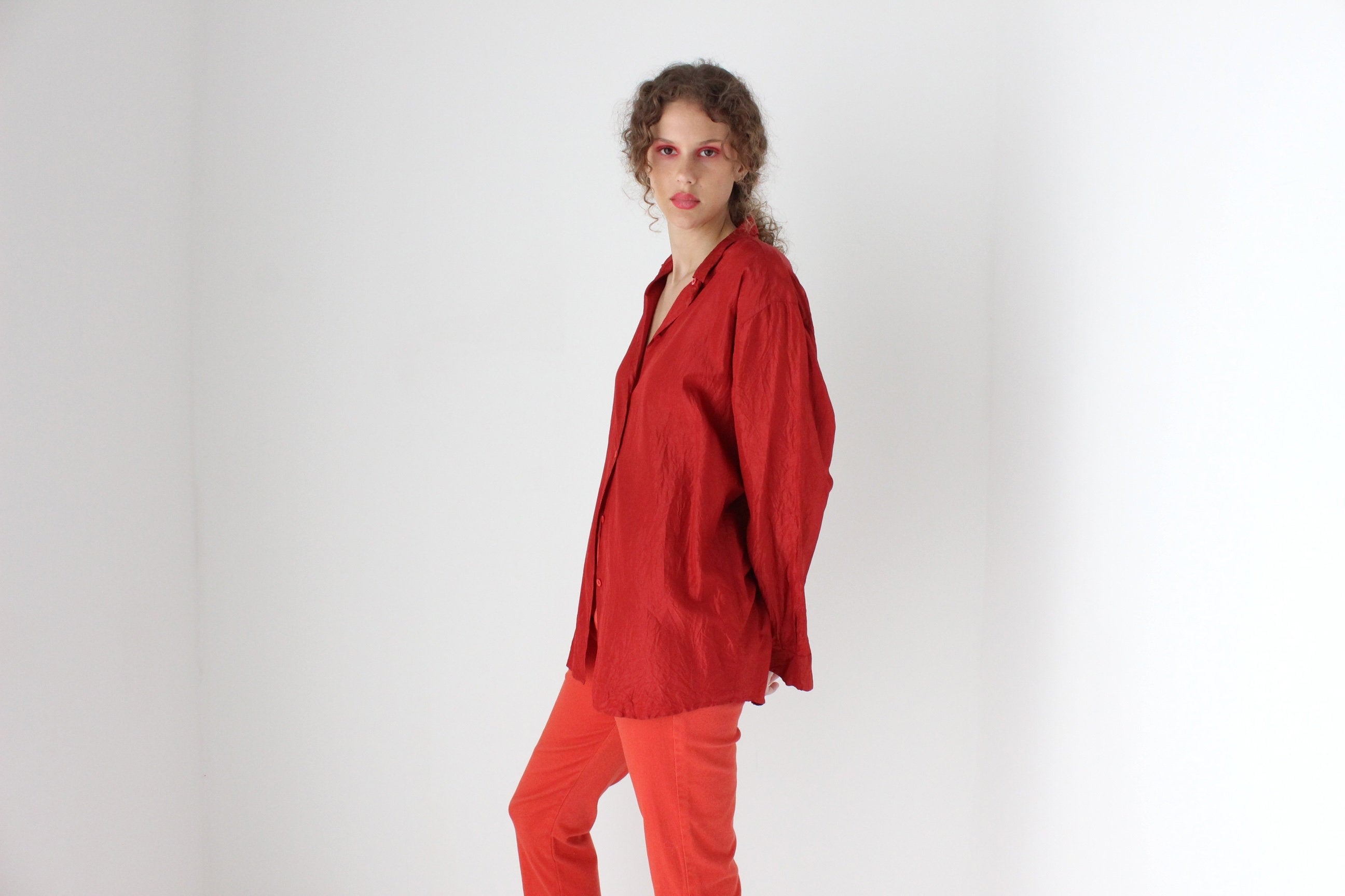 80s Silk Rust Red Button Up Shirt by Bogner