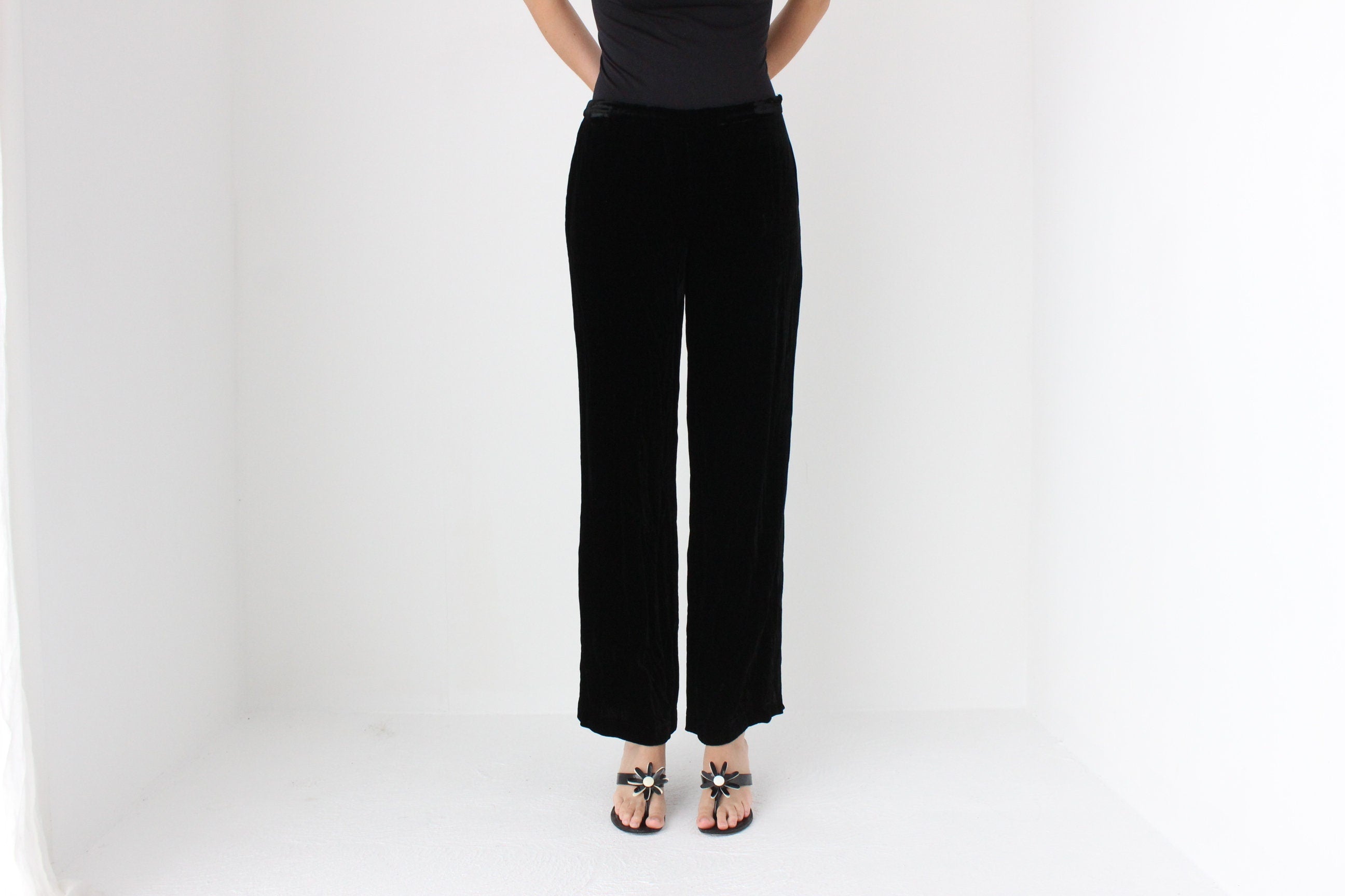 90s SILK VELVET Minimal, Relaxed Wide Leg Trousers in Black