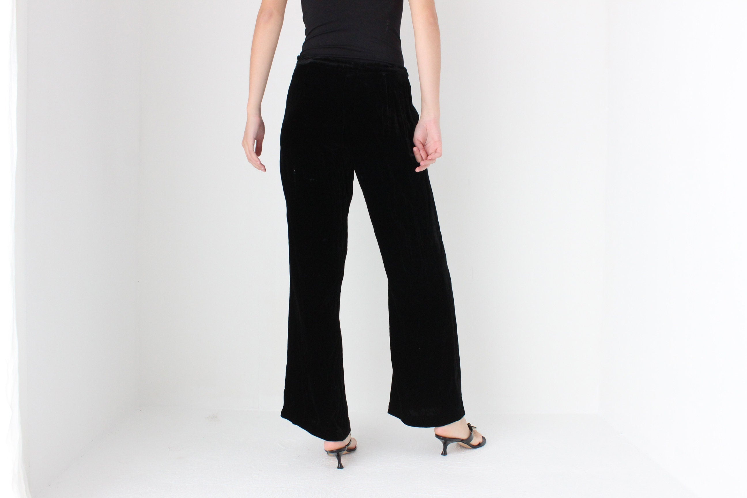 90s SILK VELVET Minimal, Relaxed Wide Leg Trousers in Black