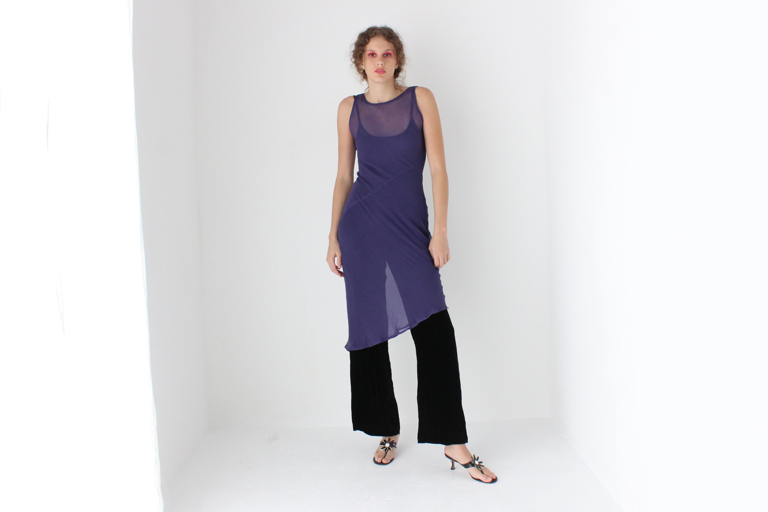 90s PURE SILK Sheer Georgette Bias Cut Dress in Purple