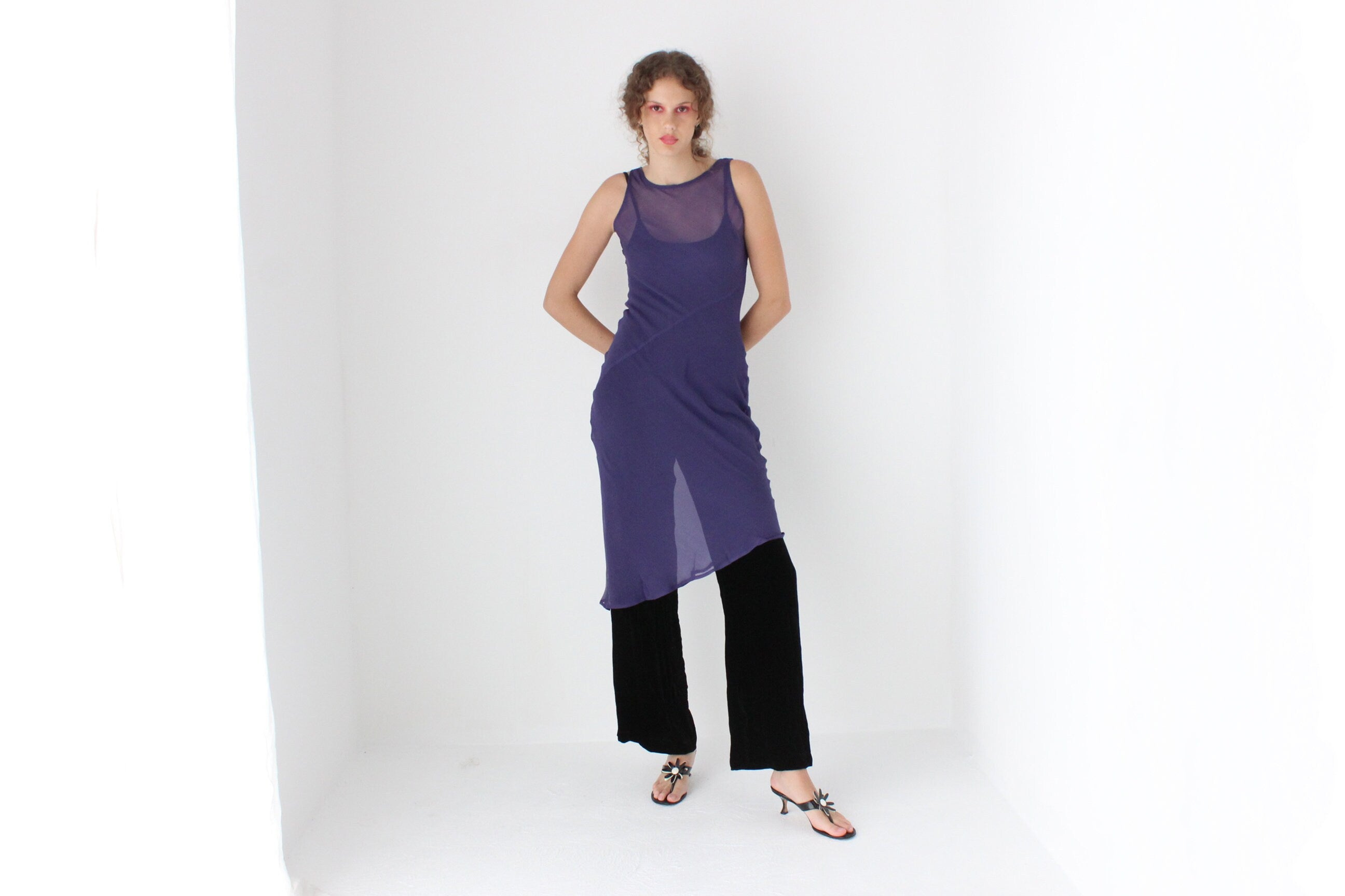 90s PURE SILK Sheer Georgette Bias Cut Dress in Purple